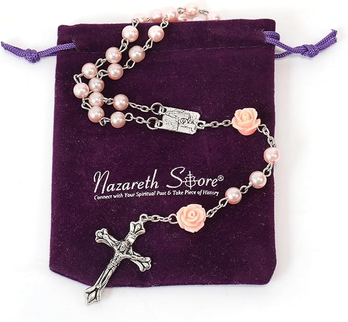 Nazareth Store Catholic Pink Pearl Beads Rosary Necklace Our Rose Flowers, Lourdes Medal & Cross NS - Image 5