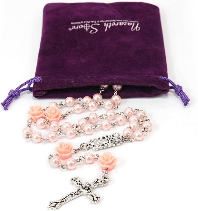 Nazareth Store Catholic Pink Pearl Beads Rosary Necklace Our Rose Flowers, Lourdes Medal & Cross NS - Image 6