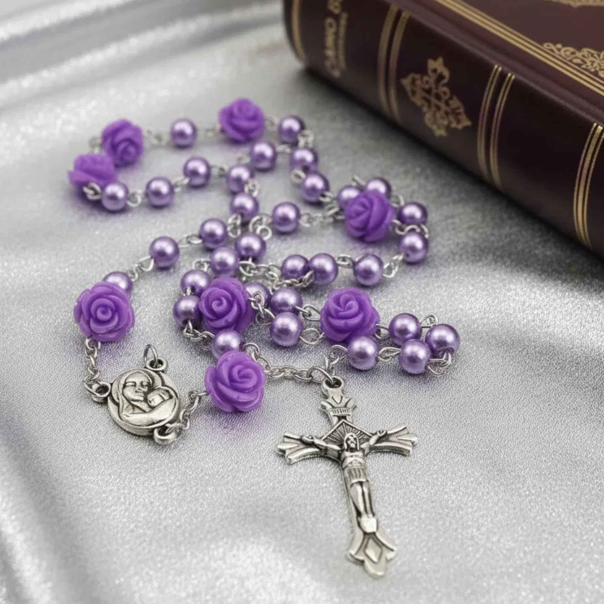 Nazareth Store Catholic Purple Pearl Beads Rosary Necklace 6mm Holy Soil Medal & Cross - Image 3