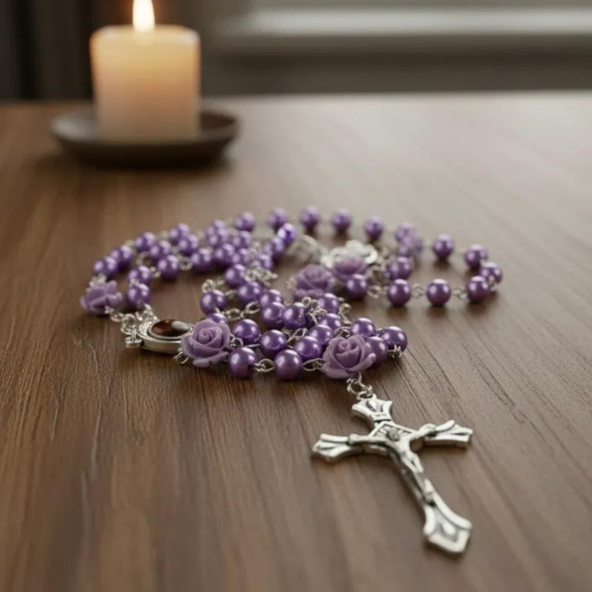 Nazareth Store Catholic Purple Pearl Beads Rosary Necklace 6mm Holy Soil Medal & Cross - Image 4