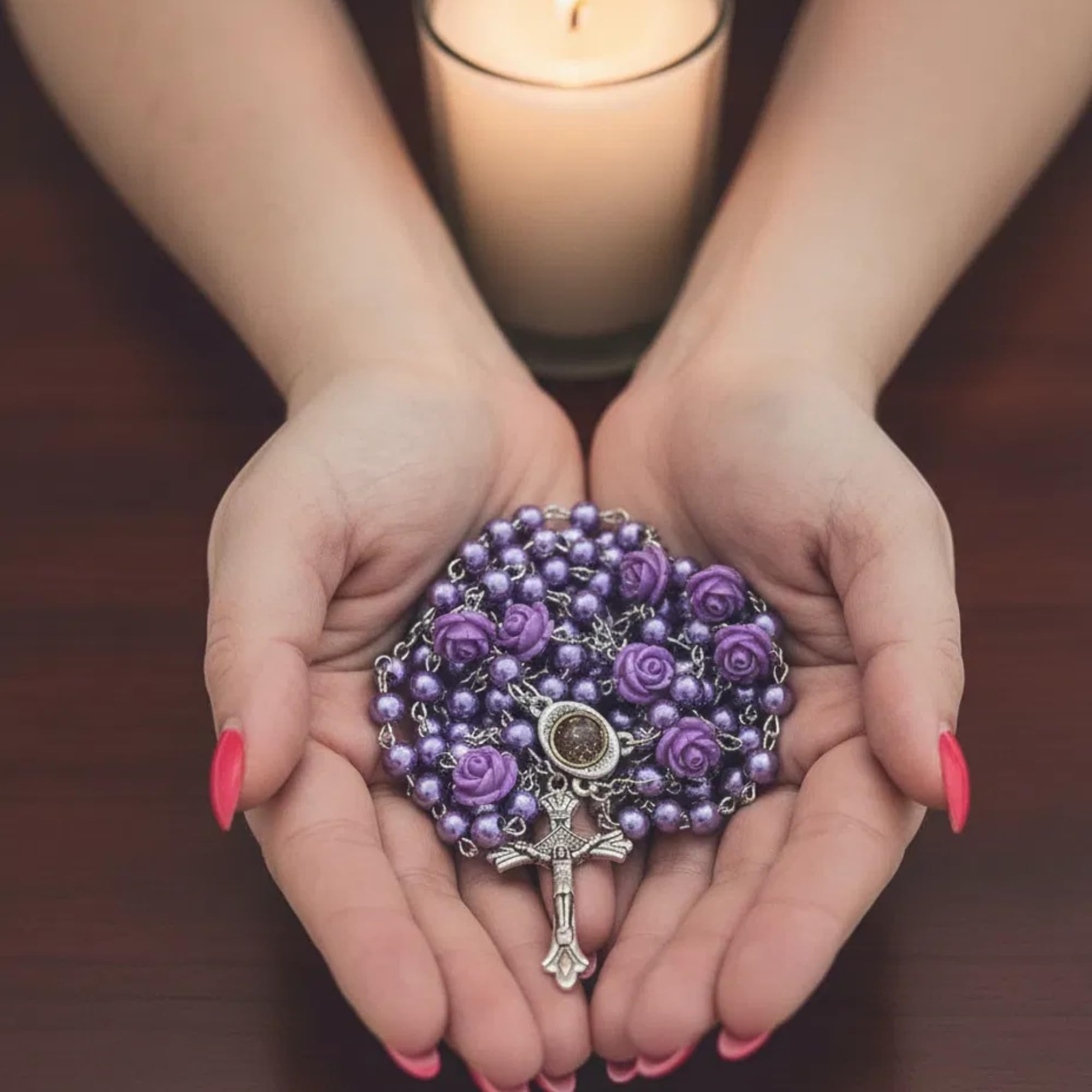 Nazareth Store Catholic Purple Pearl Beads Rosary Necklace 6mm Holy Soil Medal & Cross - Image 5