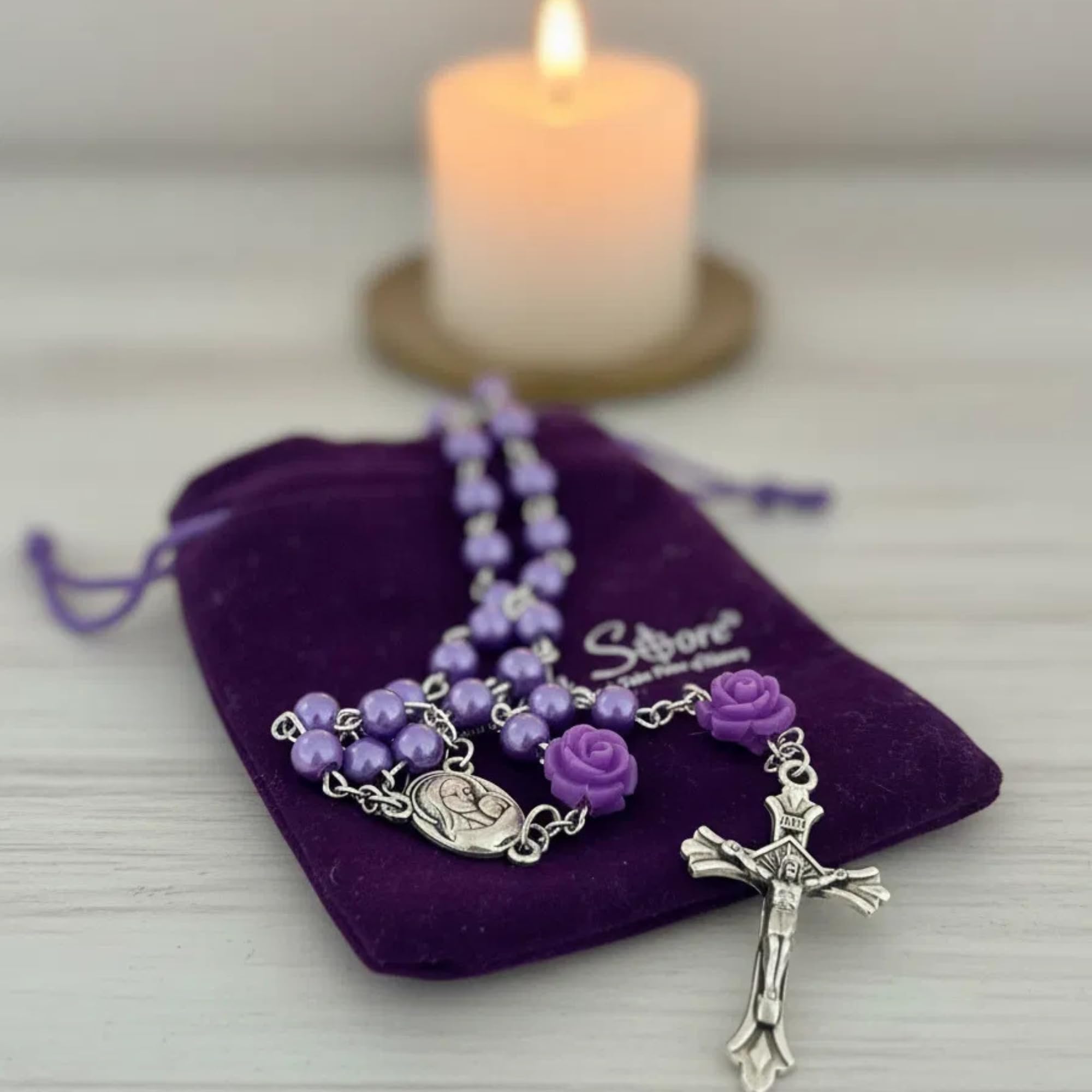 Nazareth Store Catholic Purple Pearl Beads Rosary Necklace 6mm Holy Soil Medal & Cross - Image 6