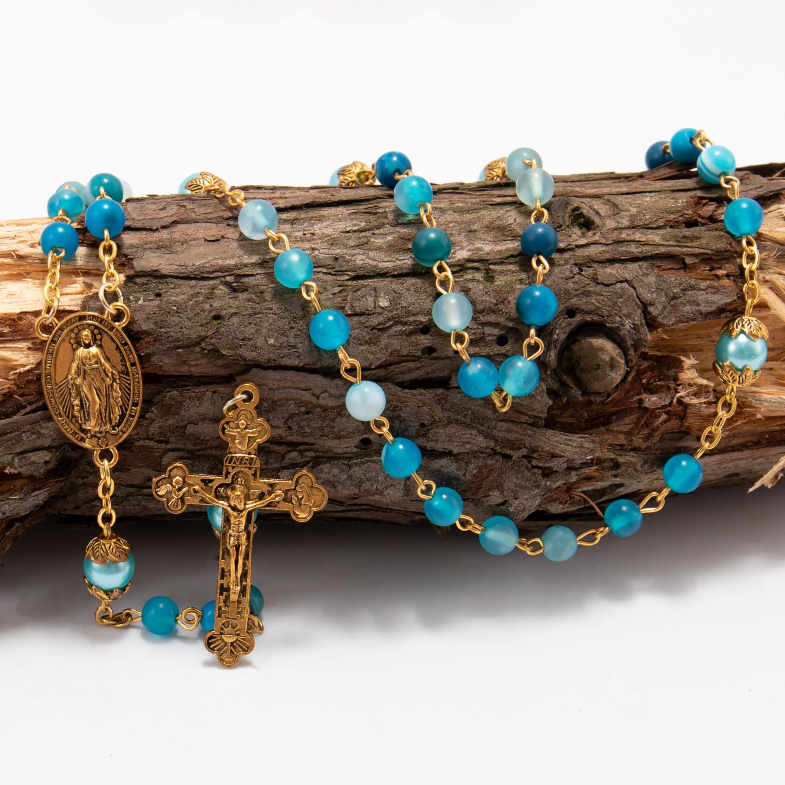 Nazareth Store Catholic Rosary Necklace Matte Stone Beads Green Pearl Round Beads Miraculous Medal & Cross - Velvet Bag - Image 3