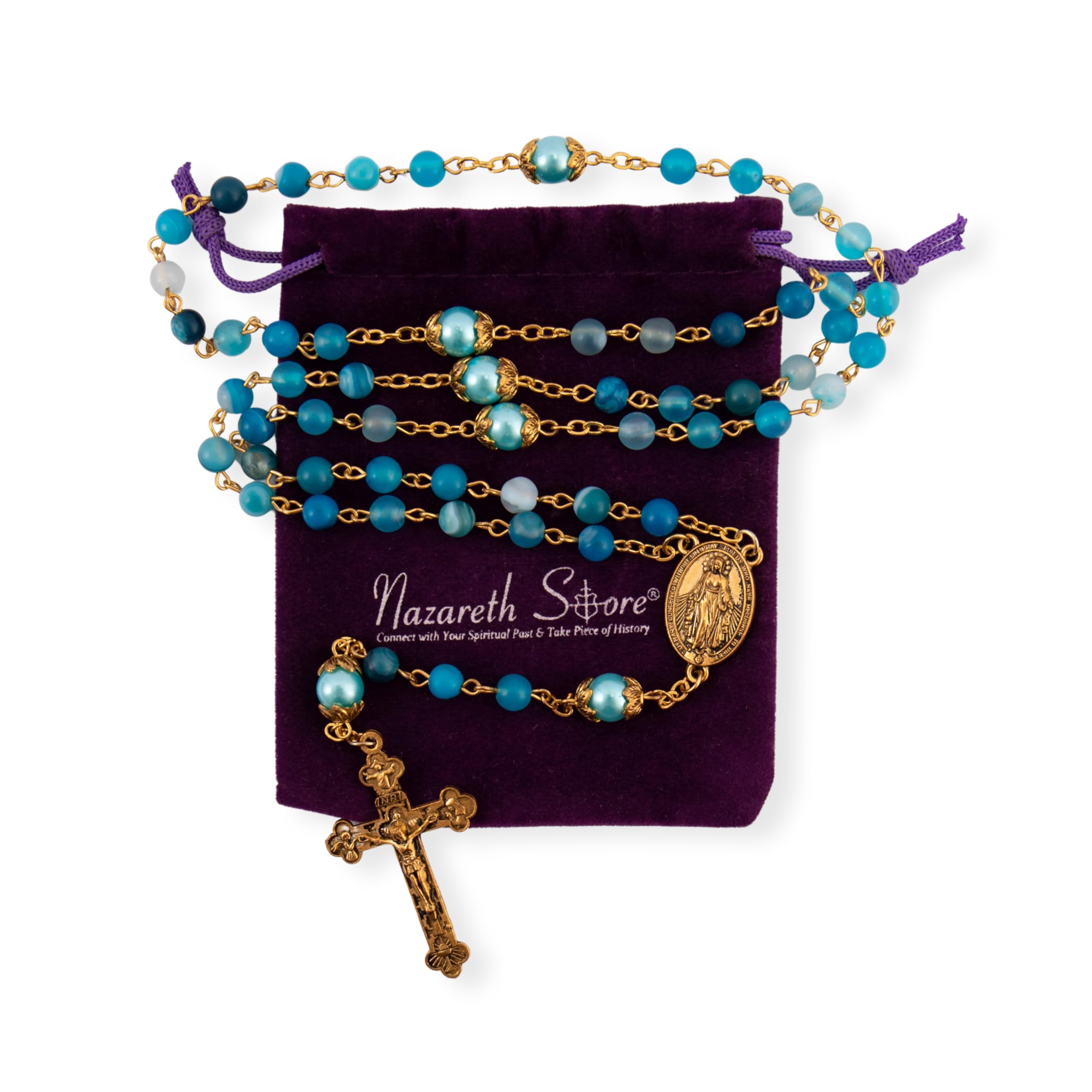 Nazareth Store Catholic Rosary Necklace Matte Stone Beads Green Pearl Round Beads Miraculous Medal & Cross - Velvet Bag - Image 4