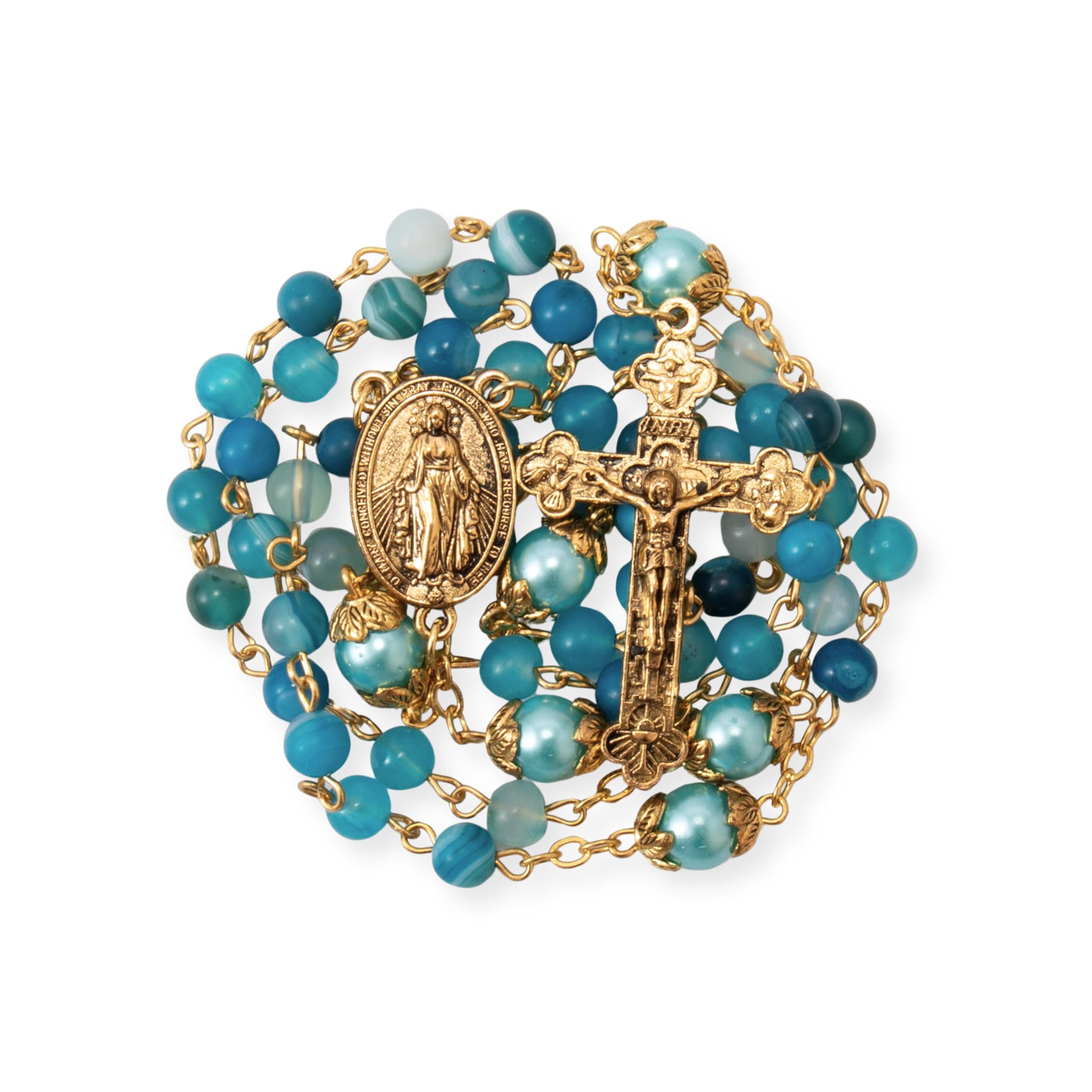 Nazareth Store Catholic Rosary Necklace Matte Stone Beads Green Pearl Round Beads Miraculous Medal & Cross - Velvet Bag - Image 5