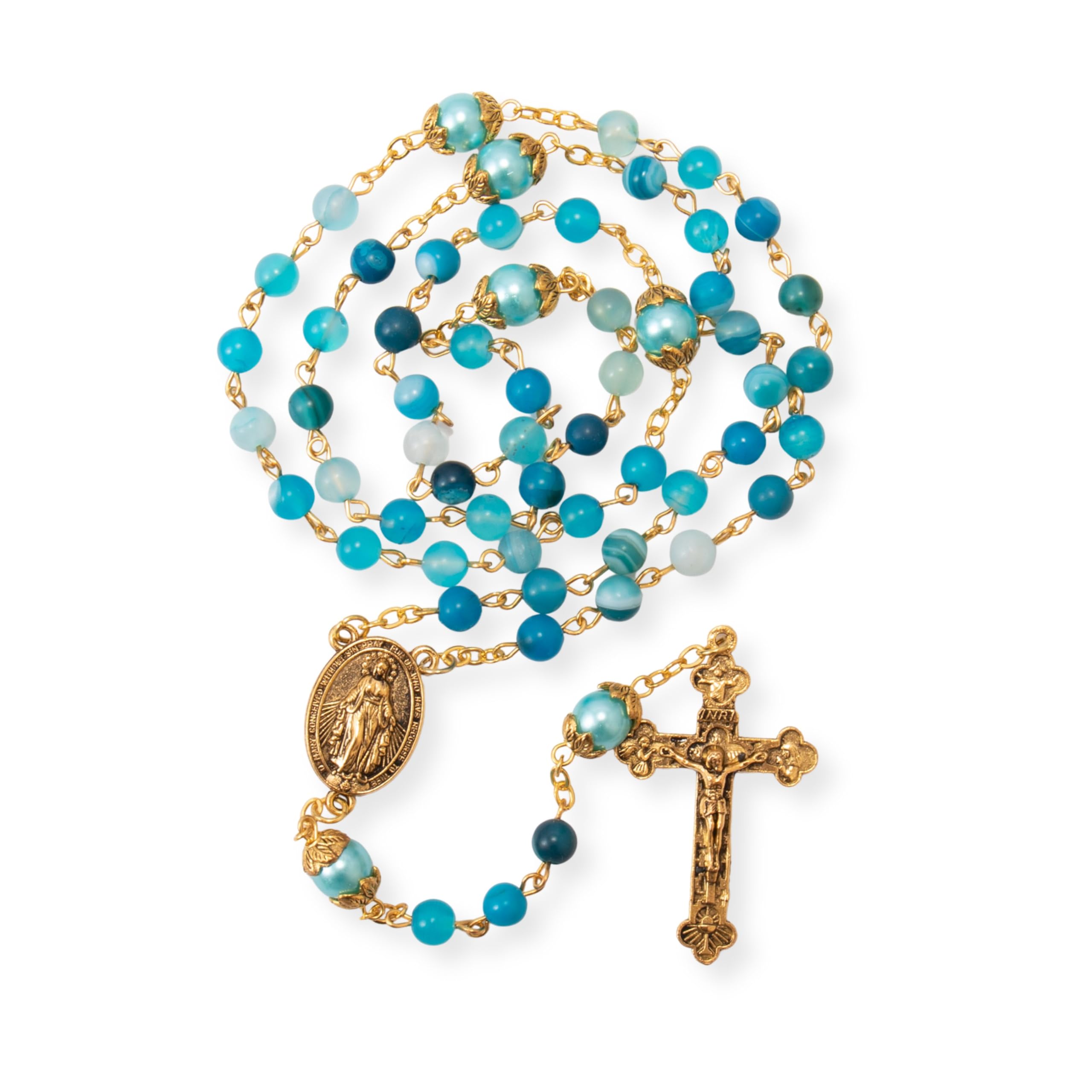 Nazareth Store Catholic Rosary Necklace Matte Stone Beads Green Pearl Round Beads Miraculous Medal & Cross - Velvet Bag - Image 7