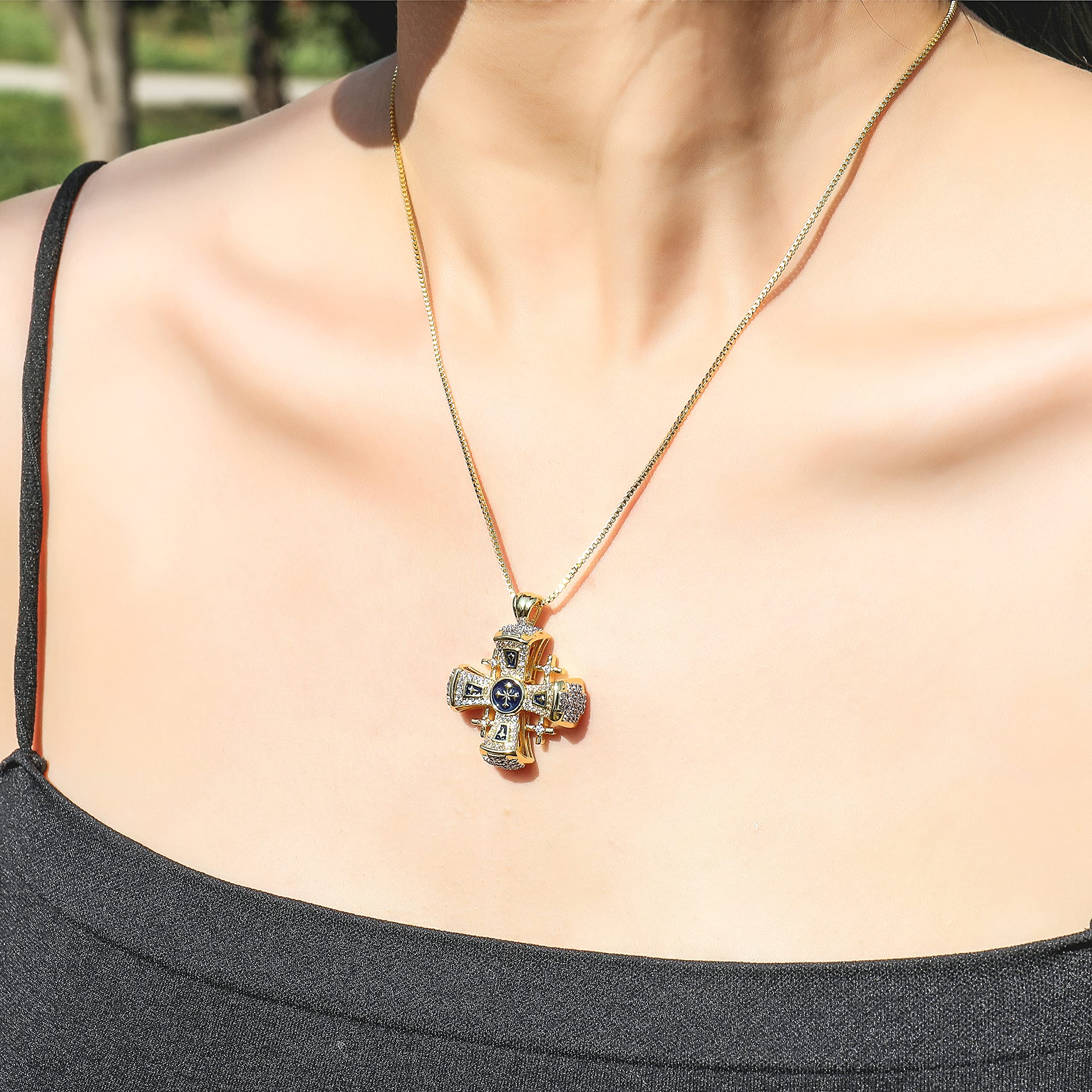 Nazareth Store Crusaders Jerusalem Cross Pendant Necklace Gold Plating 18k Enamel Crystallized Stones 1.3" - Image 3