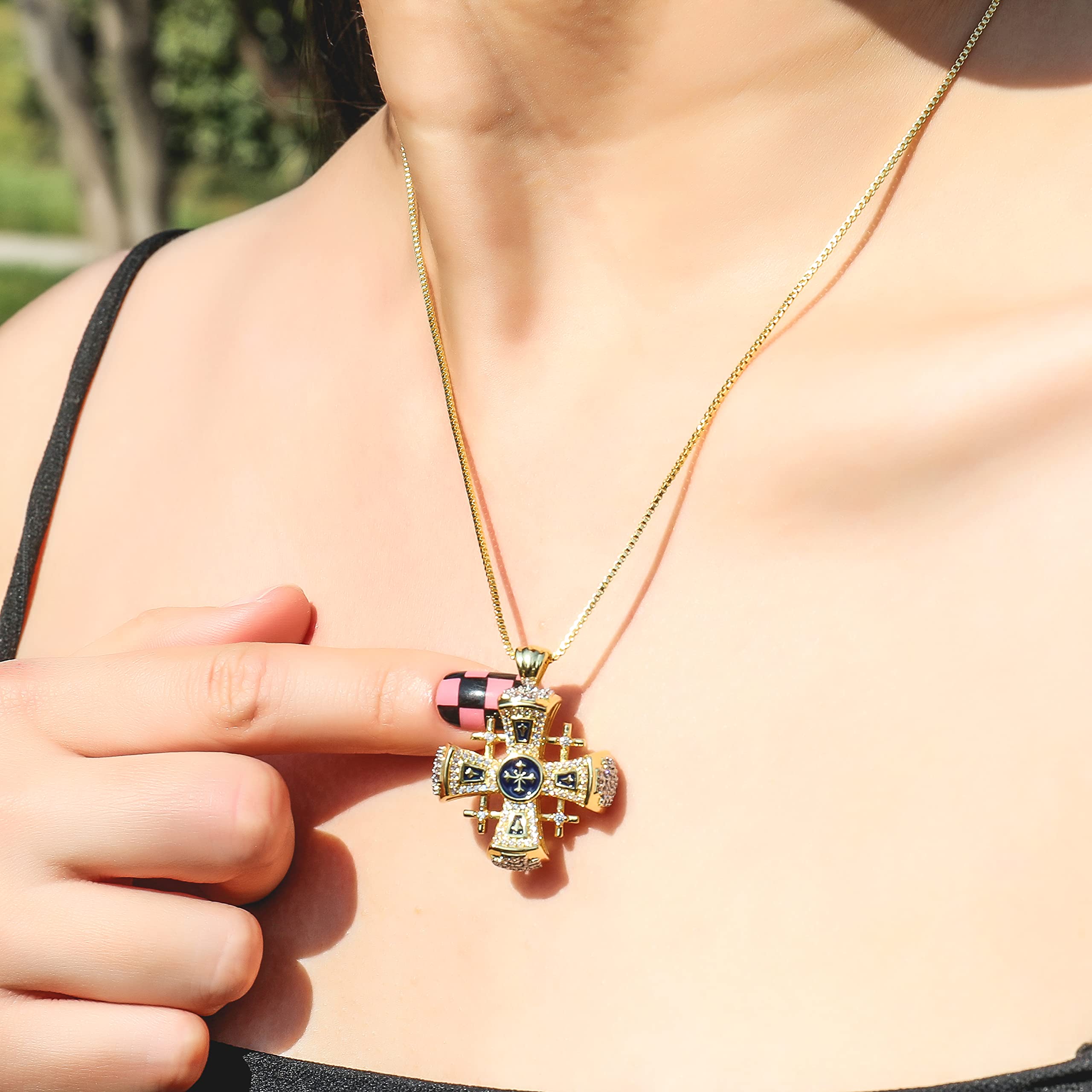 Nazareth Store Crusaders Jerusalem Cross Pendant Necklace Gold Plating 18k Enamel Crystallized Stones 1.3" - Image 5