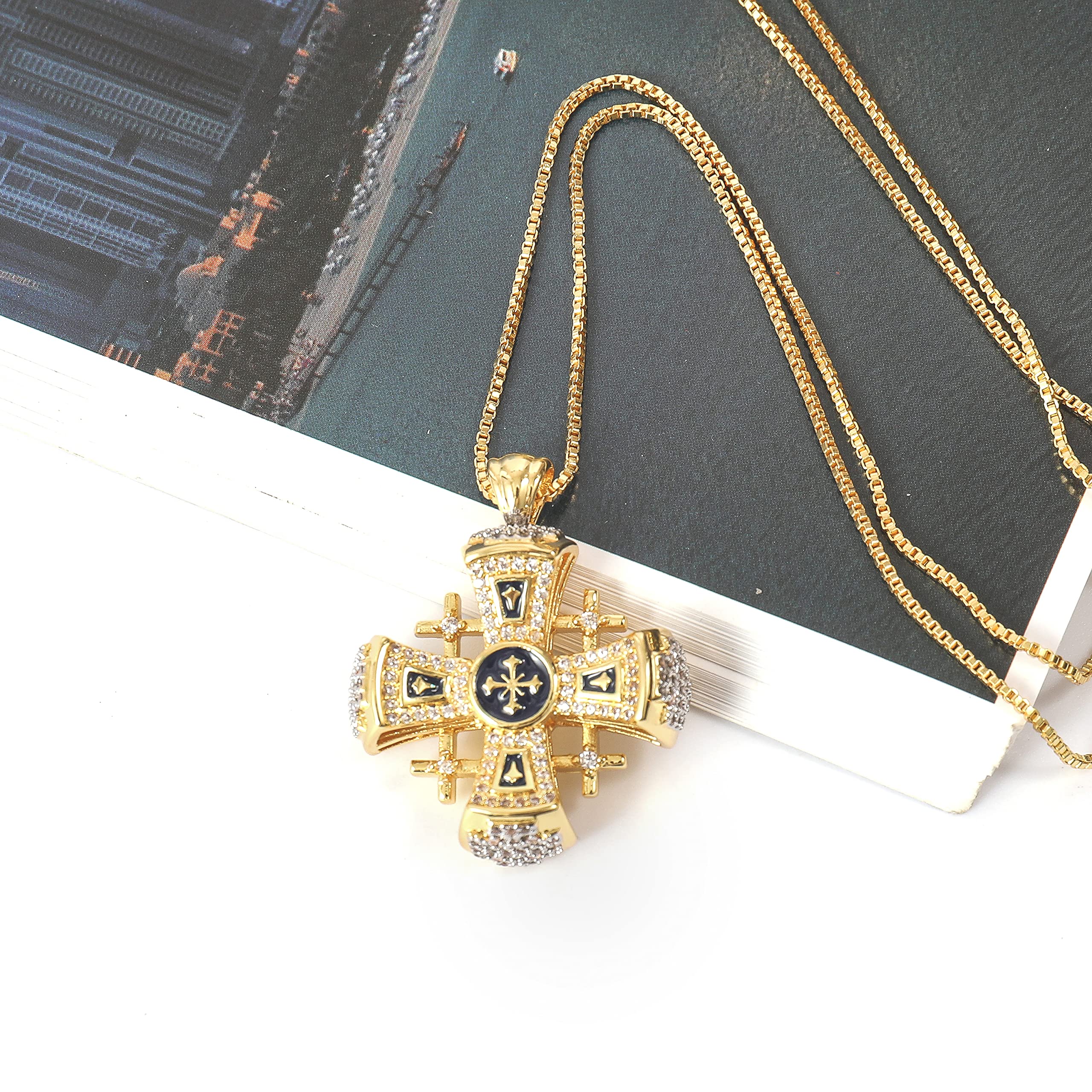 Nazareth Store Crusaders Jerusalem Cross Pendant Necklace Gold Plating 18k Enamel Crystallized Stones 1.3" - Image 6