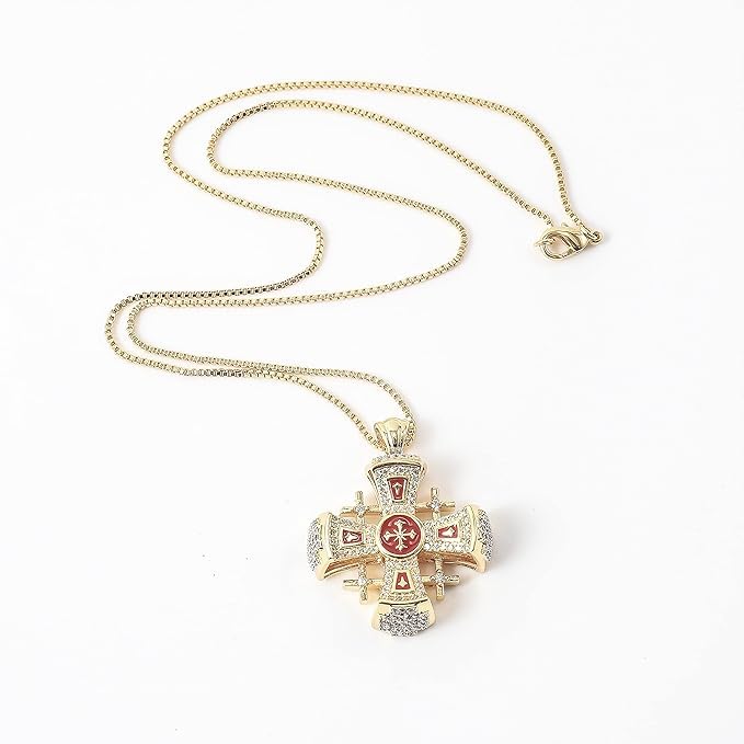 Nazareth Store Crusaders Jerusalem Cross Pendant Necklace Gold Plating 18k Enamel Crystallized Stones 1.3" - Image 4