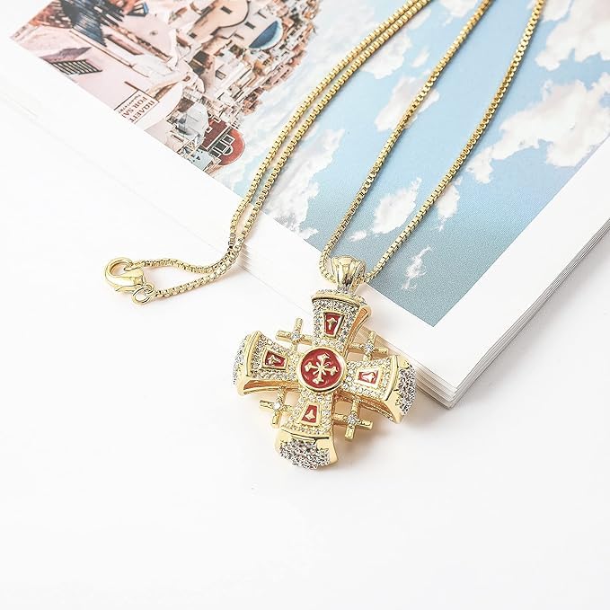 Nazareth Store Crusaders Jerusalem Cross Pendant Necklace Gold Plating 18k Enamel Crystallized Stones 1.3" - Image 5