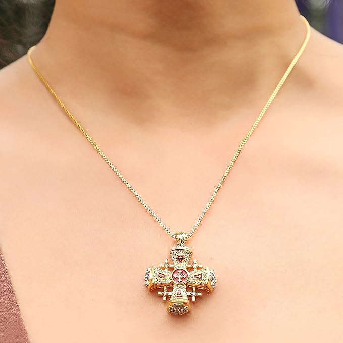 Nazareth Store Crusaders Jerusalem Cross Pendant Necklace Gold Plating 18k Enamel Crystallized Stones 1.3" - Image 6