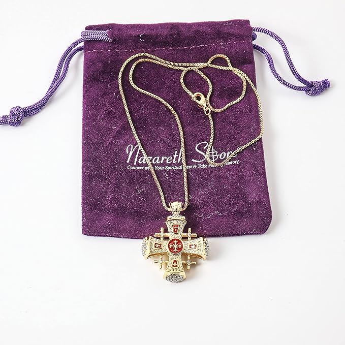 Nazareth Store Crusaders Jerusalem Cross Pendant Necklace Gold Plating 18k Enamel Crystallized Stones 1.3" - Image 7