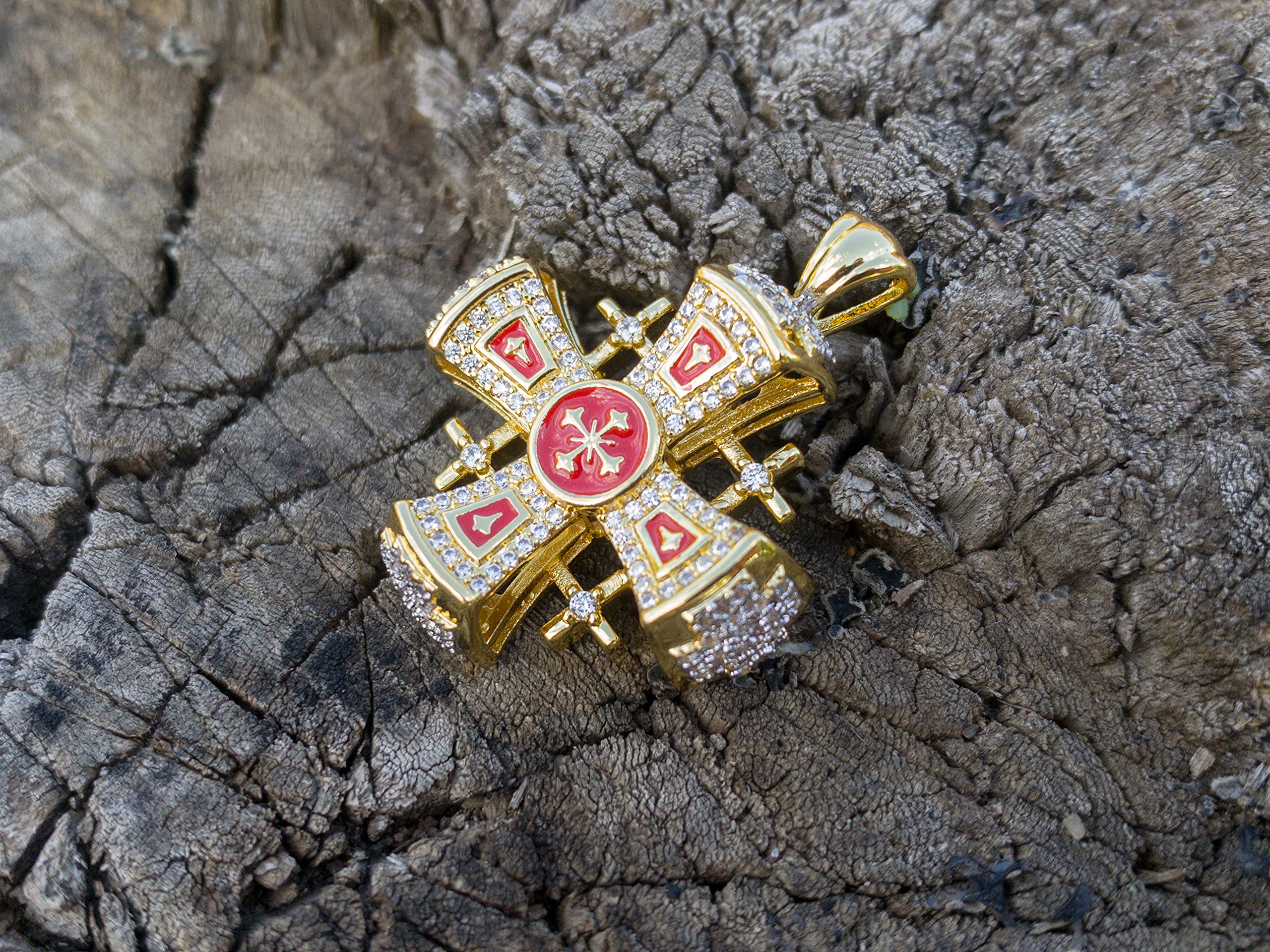 Nazareth Store Crusaders Jerusalem Cross Pendant Necklace Gold Plating 18k Enamel Crystallized Stones 1.3" - Image 8