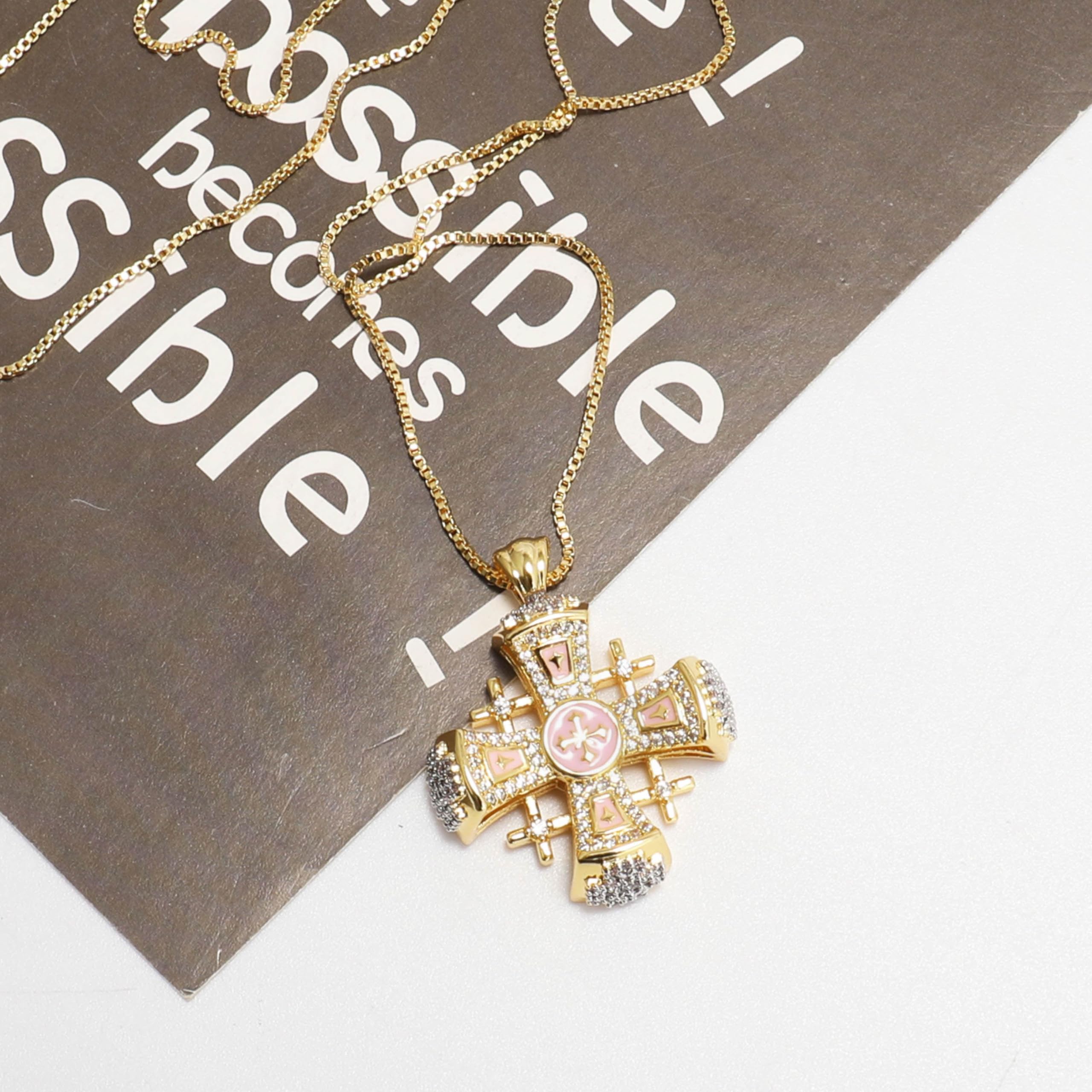 Nazareth Store Crusaders Jerusalem Cross Pendant Necklace Gold Plating 18k Enamel Crystallized Stones 1.3" - Image 4