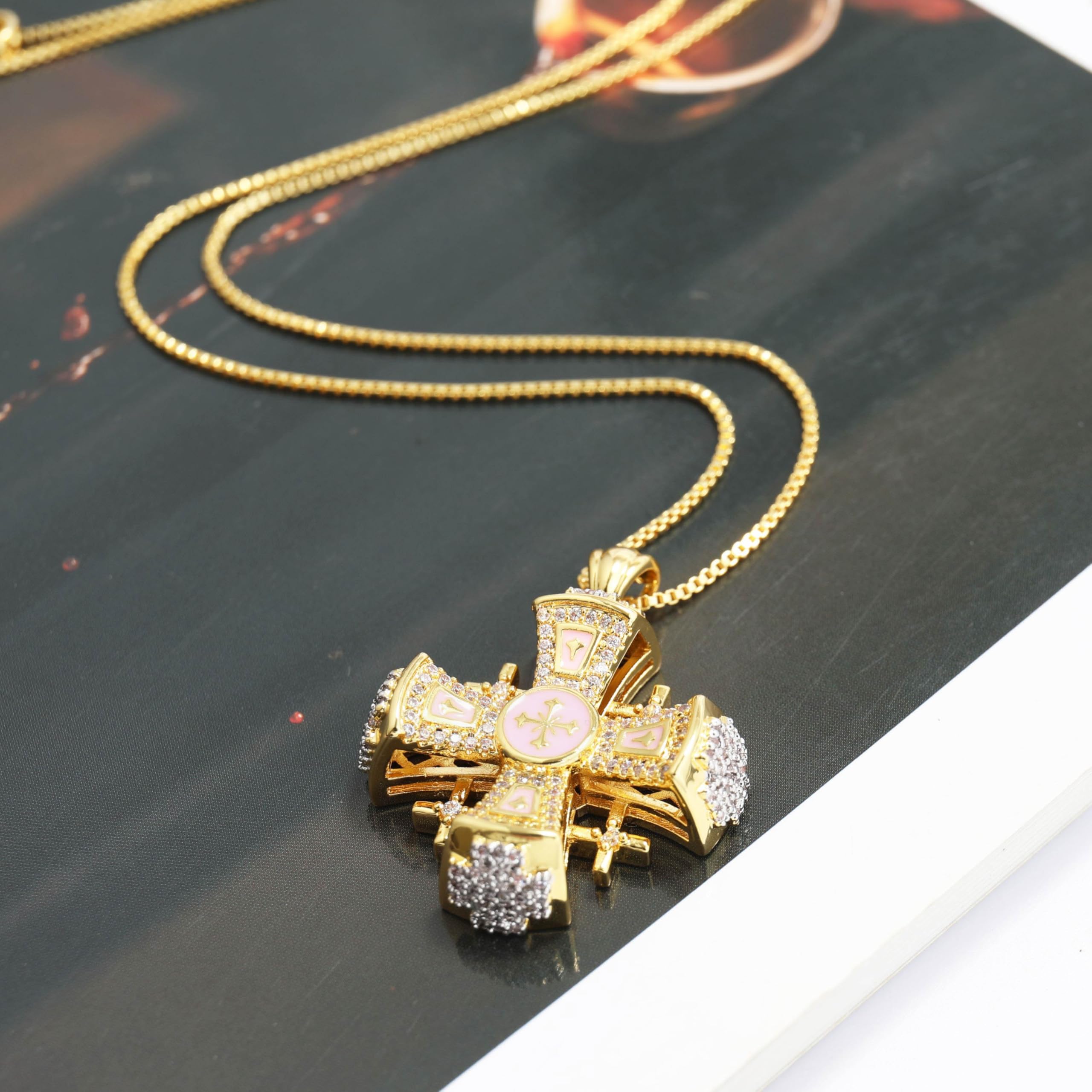 Nazareth Store Crusaders Jerusalem Cross Pendant Necklace Gold Plating 18k Enamel Crystallized Stones 1.3" - Image 7