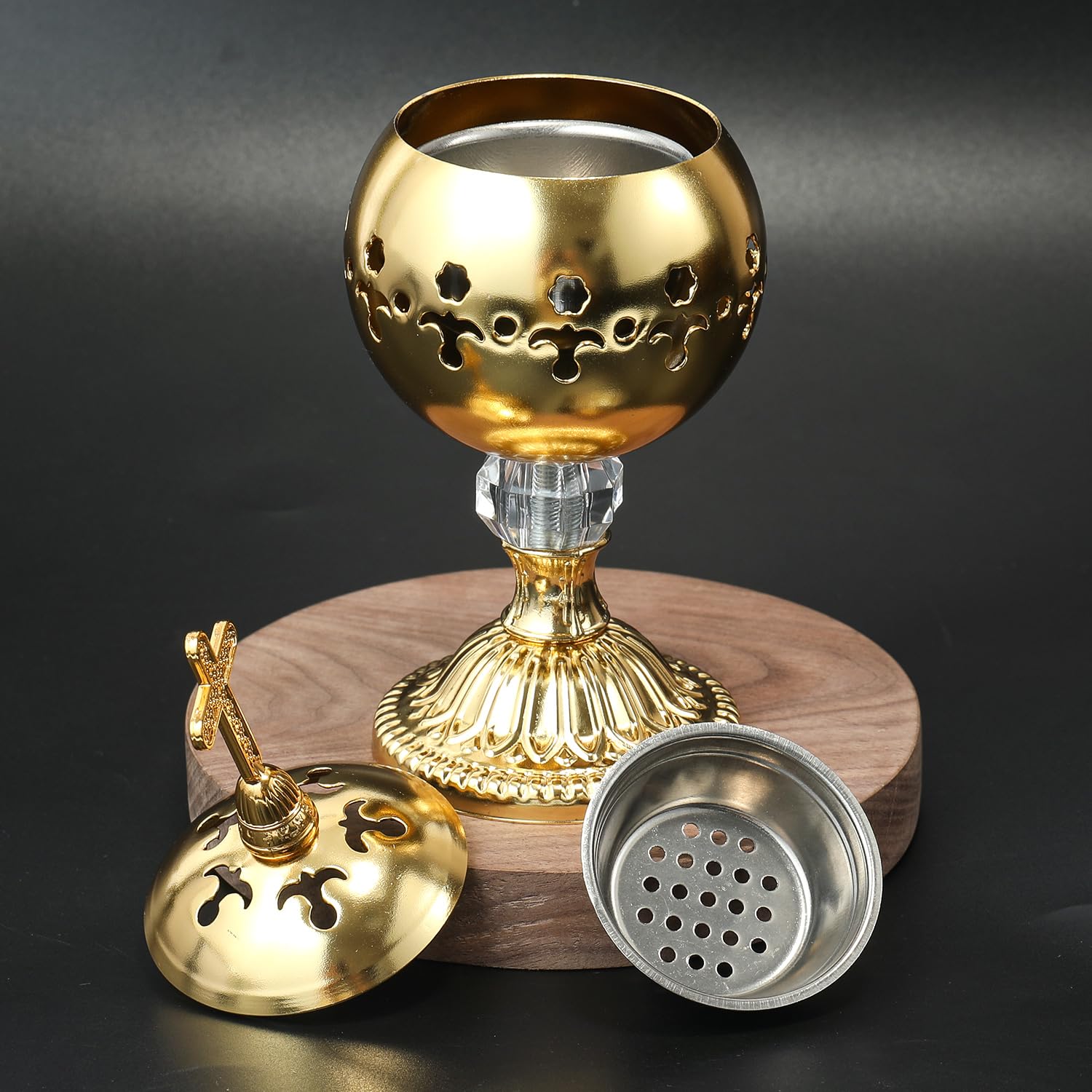 Nazareth Store Gold Incense Burner Charcoal Polished Brass Censer Christian Church Incense Holder Incense Cones Cross 7.9" Aromatherapy Fragrance Ornament - Image 3