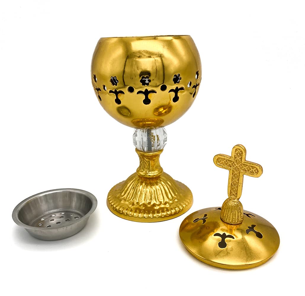 Nazareth Store Gold Incense Burner Charcoal Polished Brass Censer Christian Church Incense Holder Incense Cones Cross 7.9" Aromatherapy Fragrance Ornament - Image 4