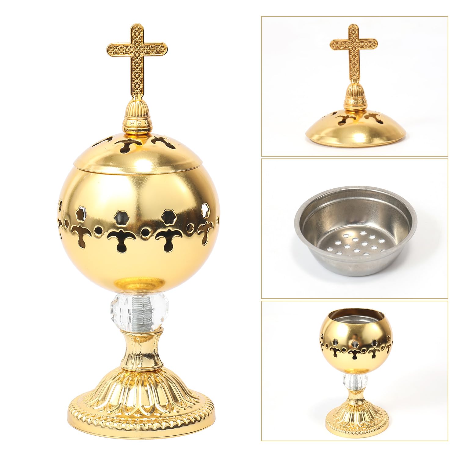 Nazareth Store Gold Incense Burner Charcoal Polished Brass Censer Christian Church Incense Holder Incense Cones Cross 7.9" Aromatherapy Fragrance Ornament - Image 5