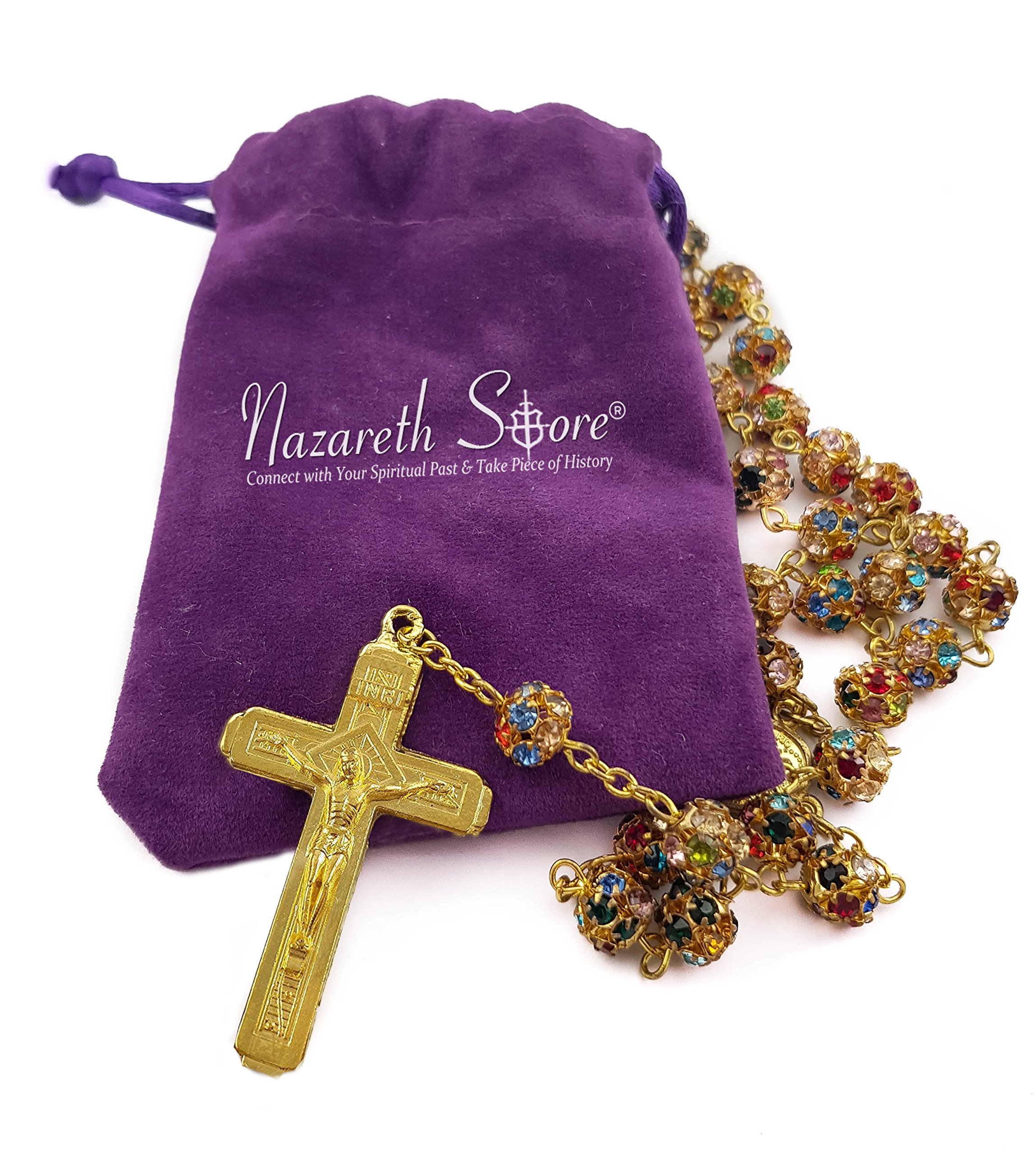 Nazareth Store Gold Plated Rosary Necklace with Colorful Crystallized Beads Miraculous Medal Cross Crucifix - Image 3