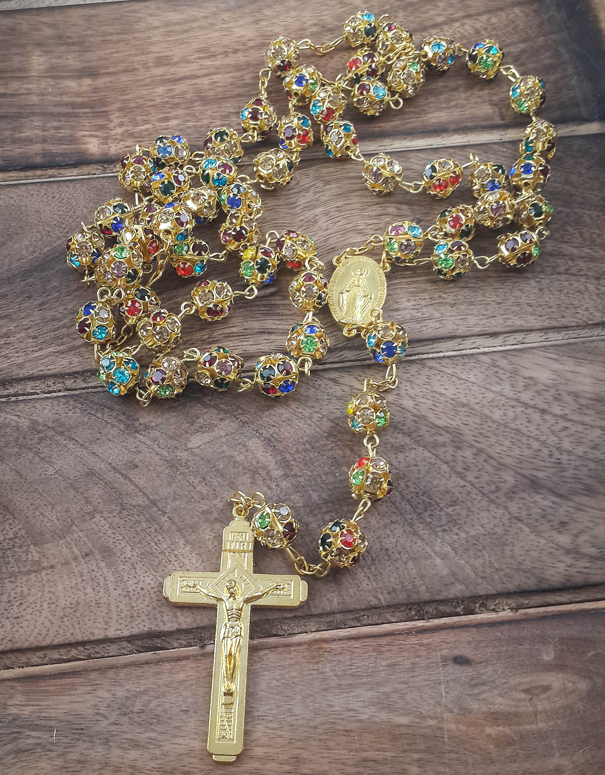 Nazareth Store Gold Plated Rosary Necklace with Colorful Crystallized Beads Miraculous Medal Cross Crucifix - Image 4