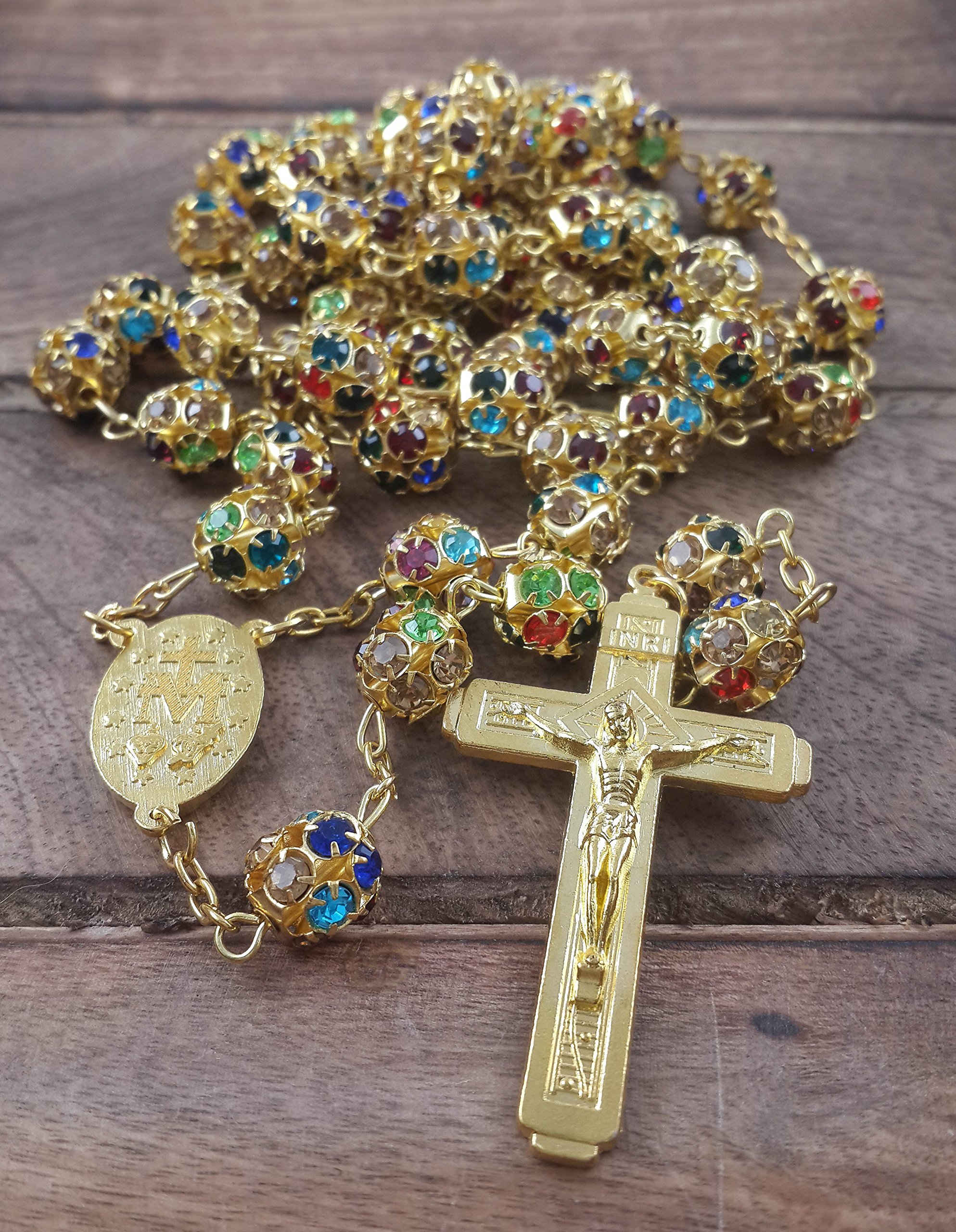 Nazareth Store Gold Plated Rosary Necklace with Colorful Crystallized Beads Miraculous Medal Cross Crucifix - Image 5