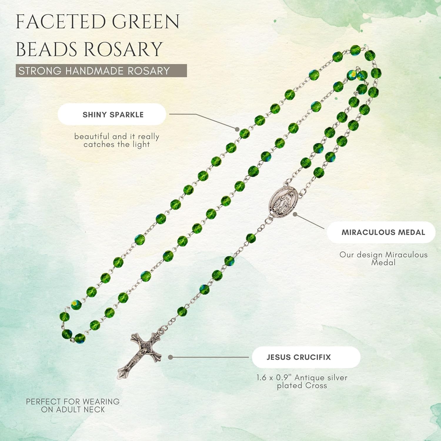 Nazareth Store Green Crystallized Glass Beads Rosary Necklace Holy Mary Medal & Cross Crucifix Handmade Christian Holy Rosary for Men and Women - Image 3