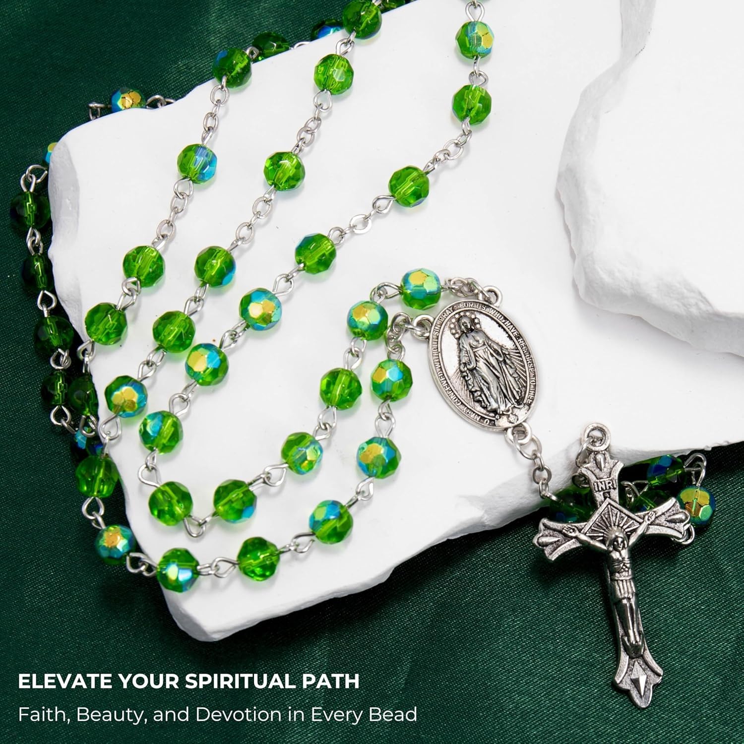 Nazareth Store Green Crystallized Glass Beads Rosary Necklace Holy Mary Medal & Cross Crucifix Handmade Christian Holy Rosary for Men and Women - Image 4