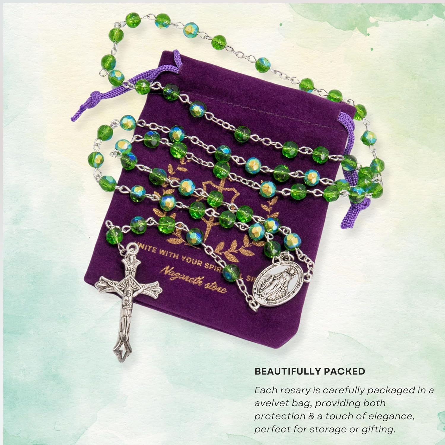 Nazareth Store Green Crystallized Glass Beads Rosary Necklace Holy Mary Medal & Cross Crucifix Handmade Christian Holy Rosary for Men and Women - Image 5