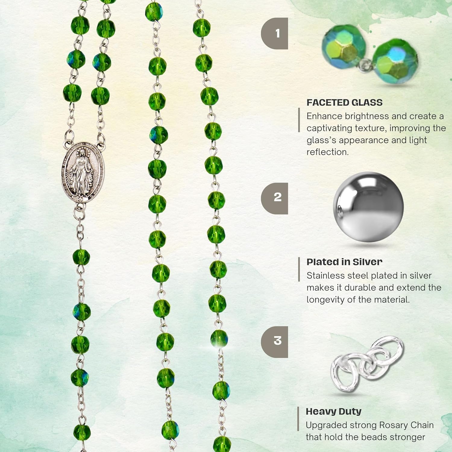 Nazareth Store Green Crystallized Glass Beads Rosary Necklace Holy Mary Medal & Cross Crucifix Handmade Christian Holy Rosary for Men and Women - Image 6