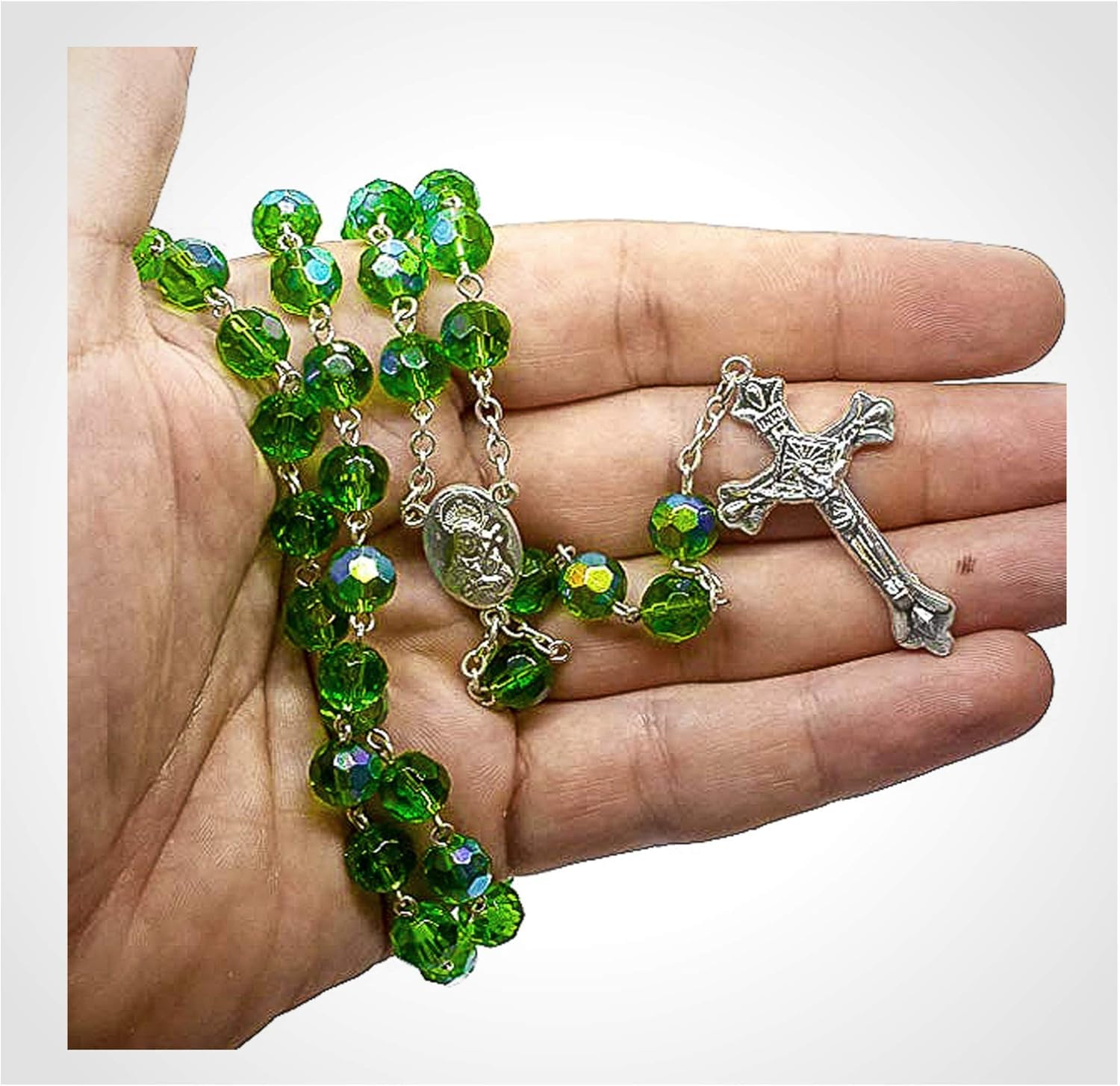 Nazareth Store Green Crystallized Glass Beads Rosary Necklace Holy Mary Medal & Cross Crucifix Handmade Christian Holy Rosary for Men and Women - Image 7