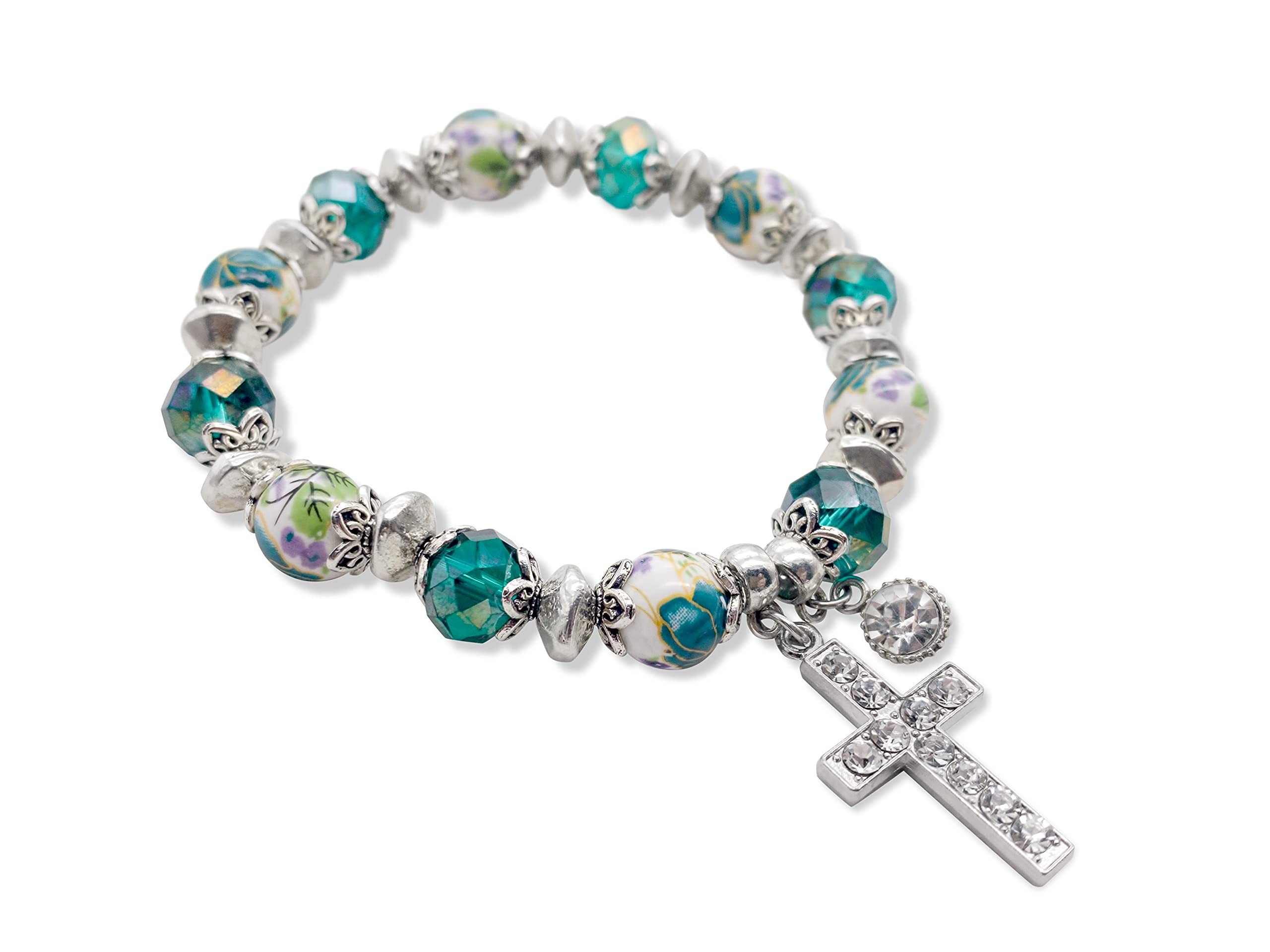 Nazareth Store Handmade Crystallized Glass Beads Cross Bracelet with Ceramic Flower Beads Religious Christian Bangle for Women and Men - Image 3