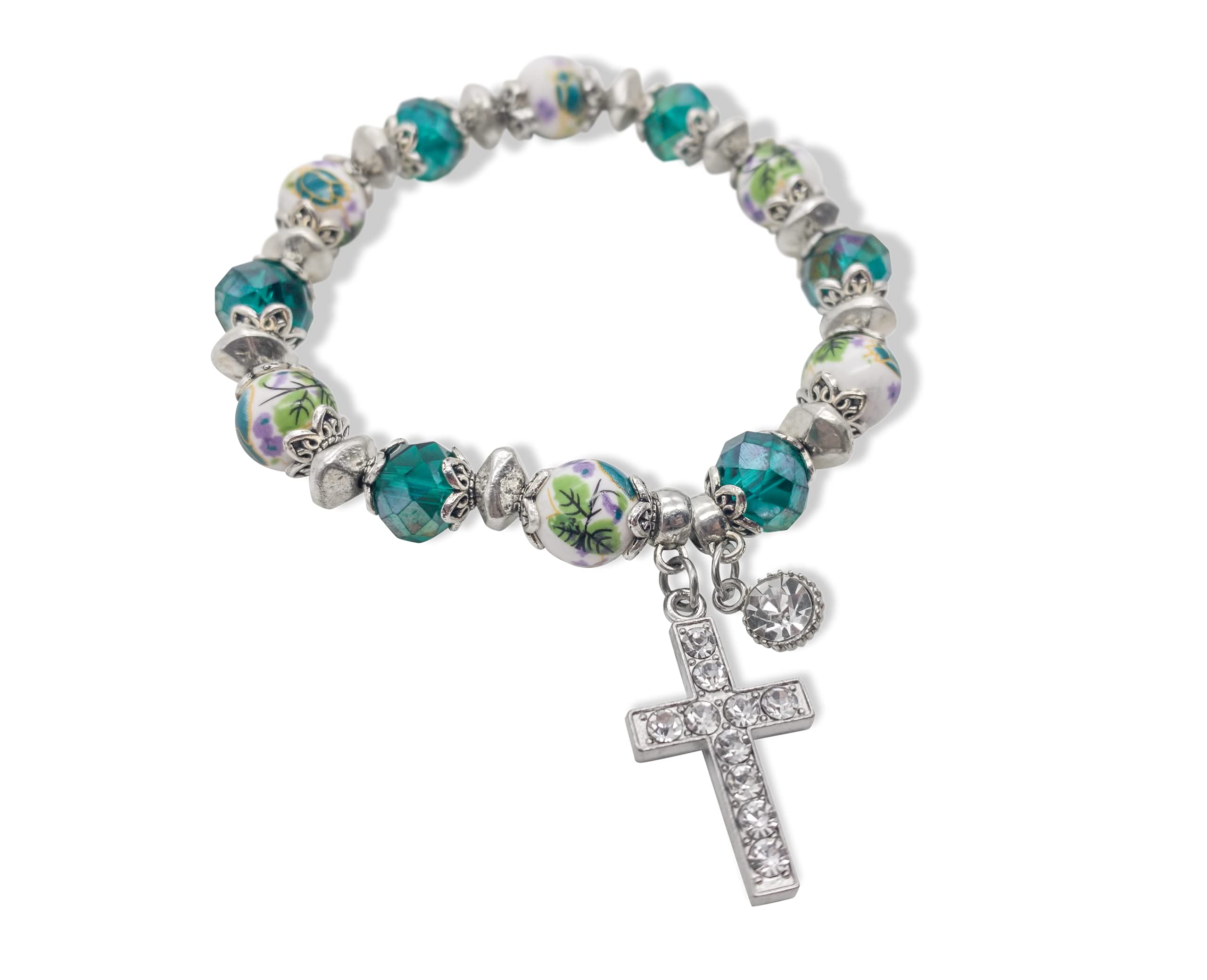 Nazareth Store Handmade Crystallized Glass Beads Cross Bracelet with Ceramic Flower Beads Religious Christian Bangle for Women and Men - Image 5