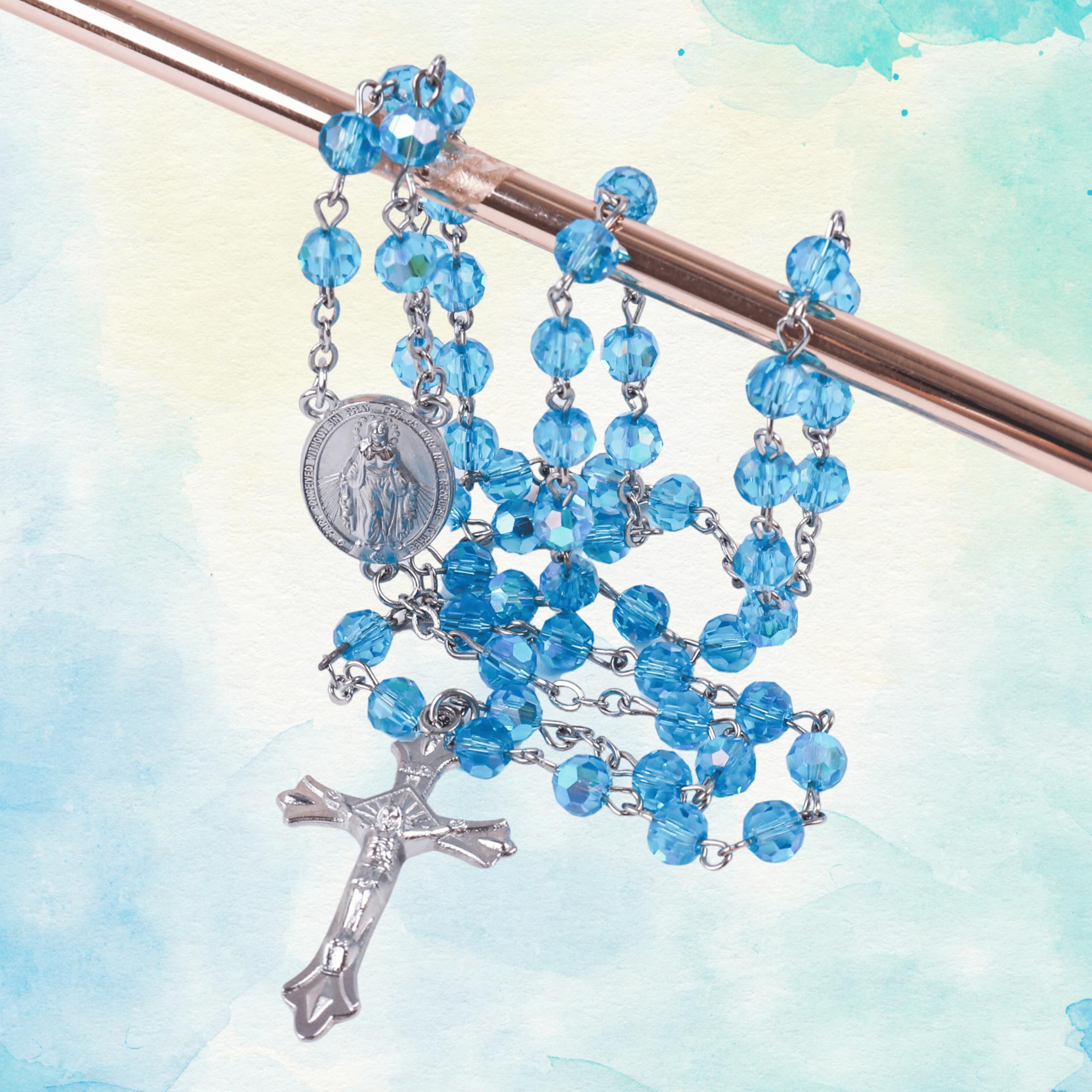 Nazareth Store Light Blue Aquamarine Beads Rosary Necklace Crystallized Communion Rosary with Miraculous Medal & Jesus Cross - Image 3