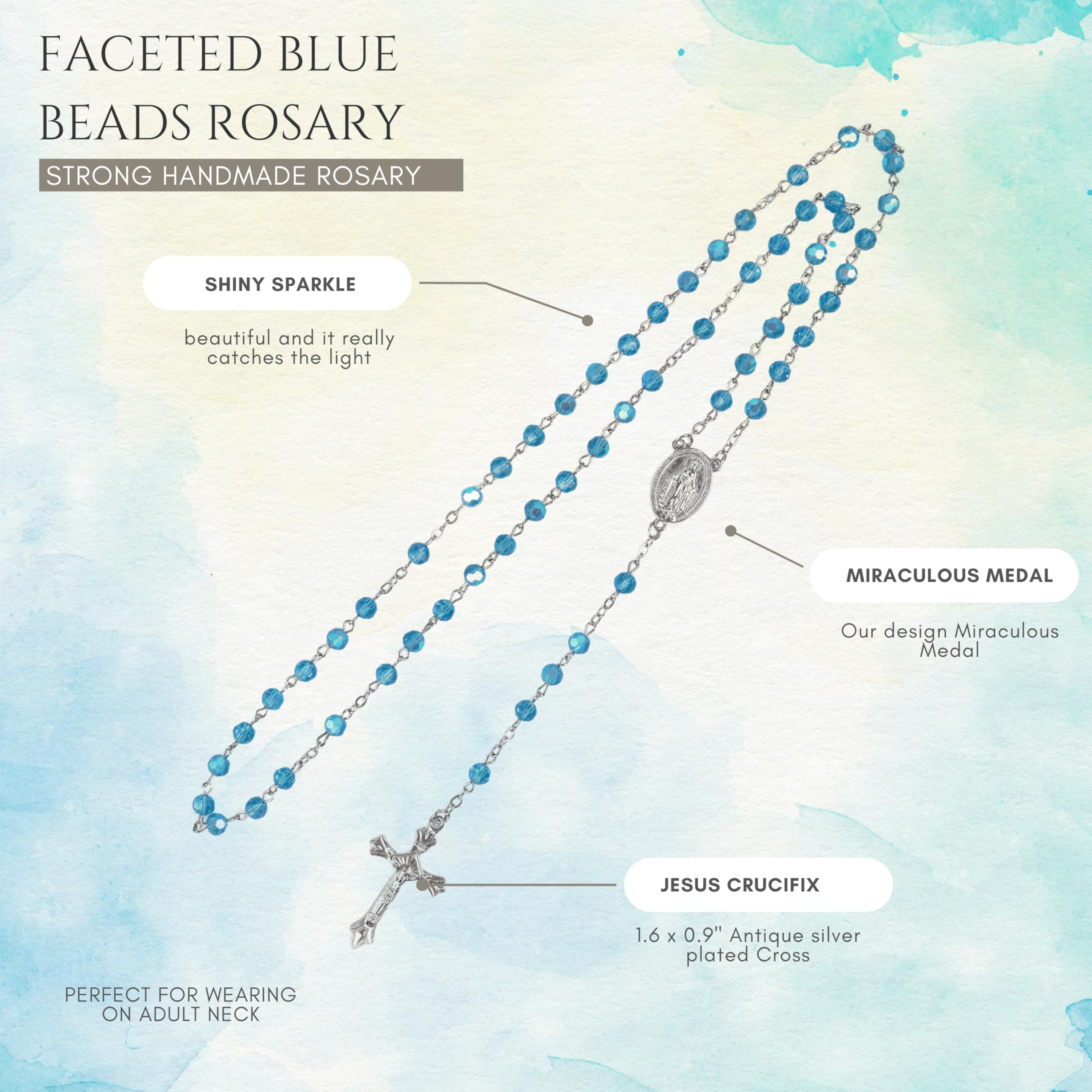 Nazareth Store Light Blue Aquamarine Beads Rosary Necklace Crystallized Communion Rosary with Miraculous Medal & Jesus Cross - Image 4