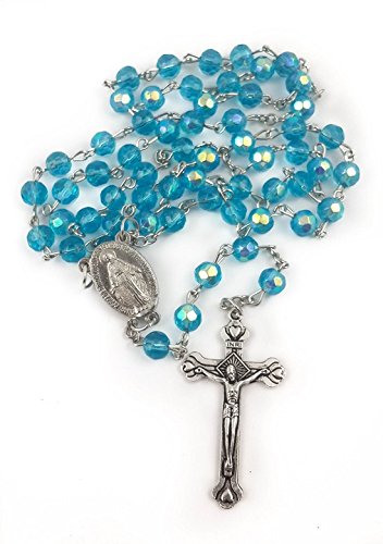 Nazareth Store Light Blue Aquamarine Beads Rosary Necklace Crystallized Communion Rosary with Miraculous Medal & Jesus Cross - Image 7