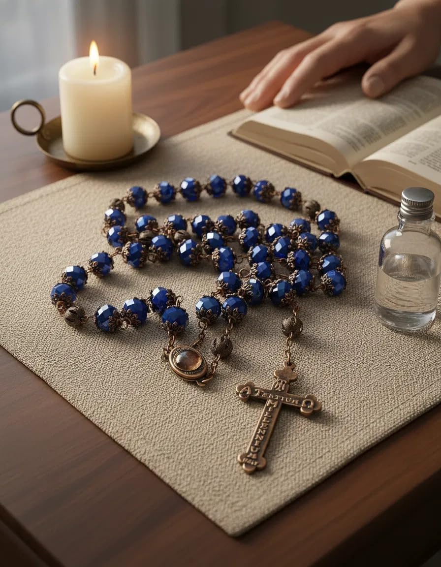 Nazareth Store Men’s Deep Blue Crystallized Beads Rosary with Holy Soil Medal and Crucifix Handmade Catholic Prayer Necklace - Image 3