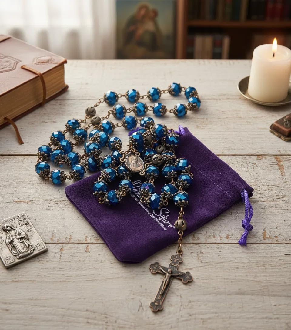 Nazareth Store Men’s Deep Blue Crystallized Beads Rosary with Holy Soil Medal and Crucifix Handmade Catholic Prayer Necklace - Image 4