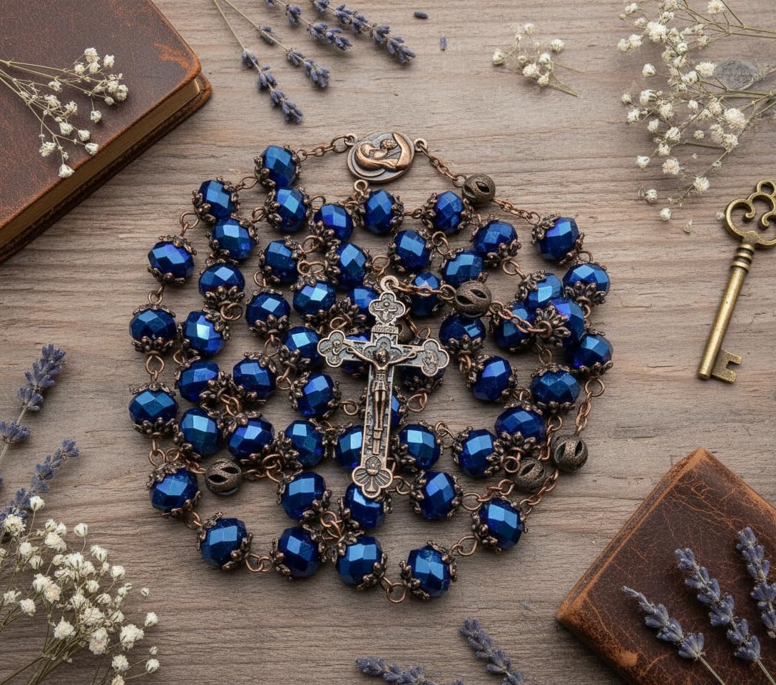 Nazareth Store Men’s Deep Blue Crystallized Beads Rosary with Holy Soil Medal and Crucifix Handmade Catholic Prayer Necklace - Image 6