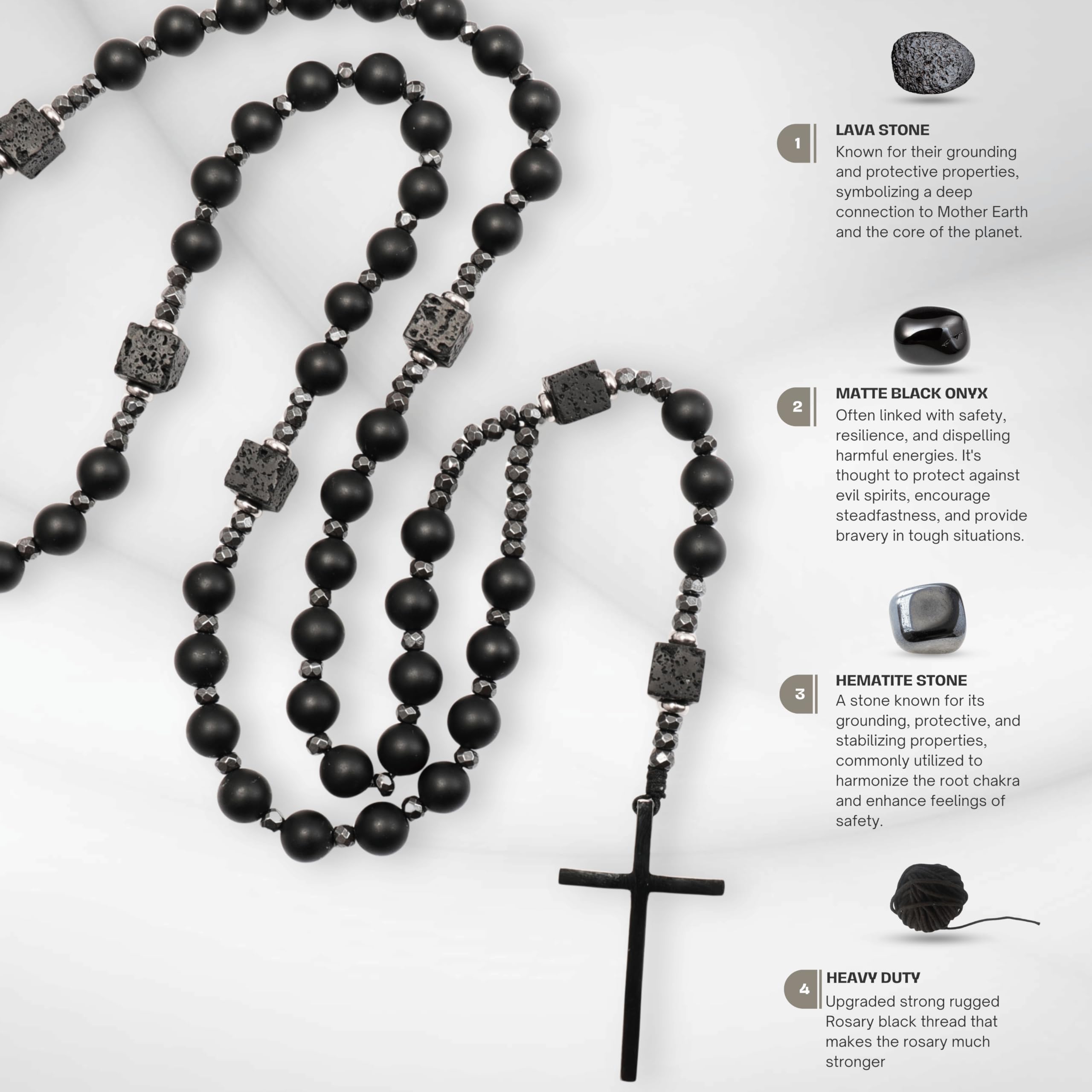 Nazareth Store Men's Rosary Necklace Black Onyx or Tiger Eye Beads with Black Alloy Cross, Catholic Christian Religious Jewelry, Gift for Him - Image 3
