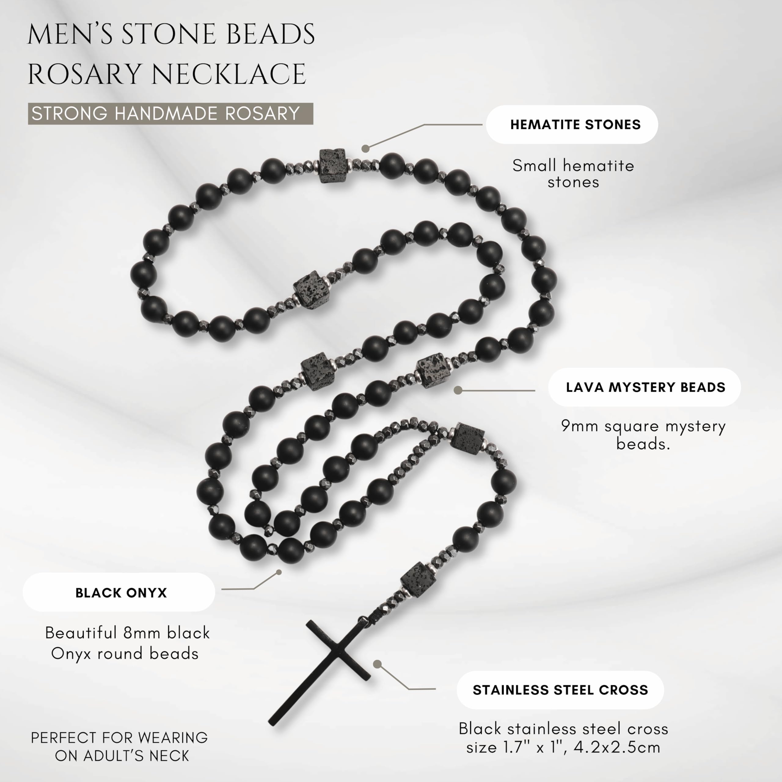 Nazareth Store Men's Rosary Necklace Black Onyx or Tiger Eye Beads with Black Alloy Cross, Catholic Christian Religious Jewelry, Gift for Him - Image 4