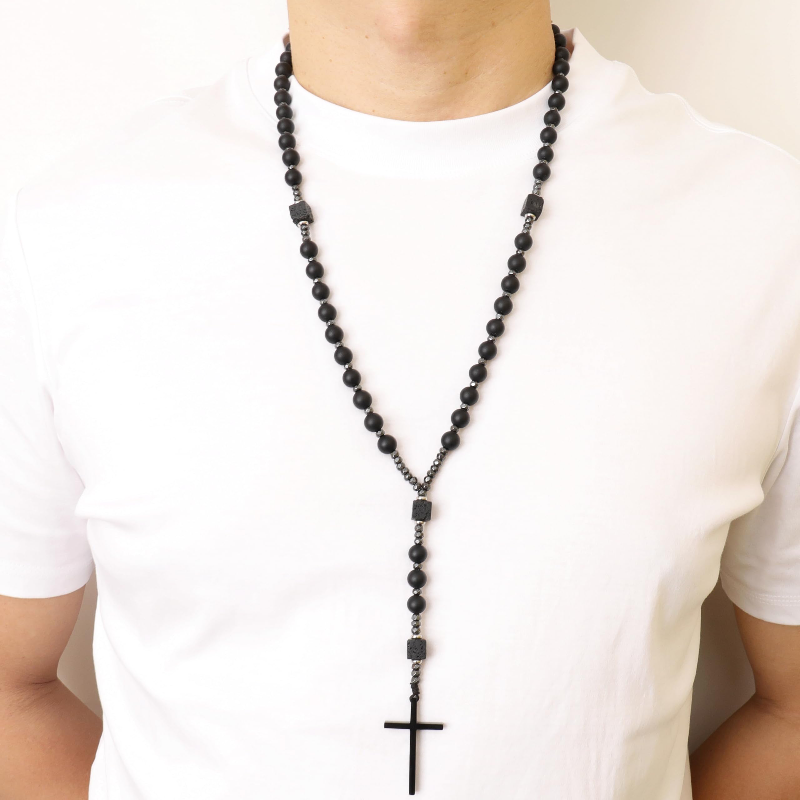 Nazareth Store Men's Rosary Necklace Black Onyx or Tiger Eye Beads with Black Alloy Cross, Catholic Christian Religious Jewelry, Gift for Him - Image 5