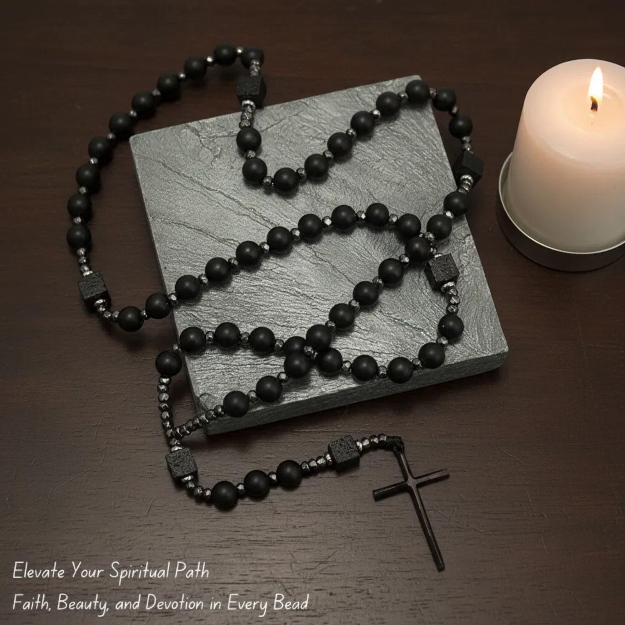 Nazareth Store Men's Rosary Necklace Black Onyx or Tiger Eye Beads with Black Alloy Cross, Catholic Christian Religious Jewelry, Gift for Him - Image 6