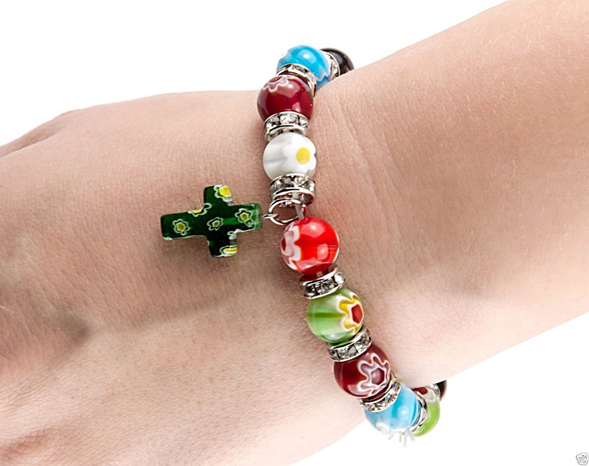 Nazareth Store Millefiori Glass Bracelet with Cross Murano Glass Rainbow Beaded Bracelet Spiritual Handmade Religious Gift - Image 3