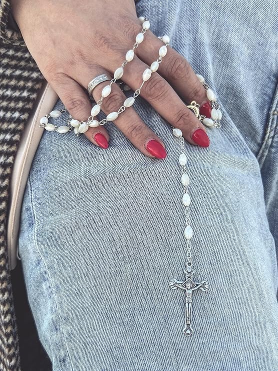 Nazareth Store Natural Pearl Rosary Beads Catholic Necklace Jerusalem Holy Soil Meda and Silverl Cross - Image 3