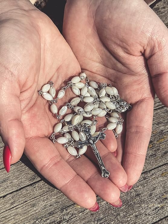 Nazareth Store Natural Pearl Rosary Beads Catholic Necklace Jerusalem Holy Soil Meda and Silverl Cross - Image 4