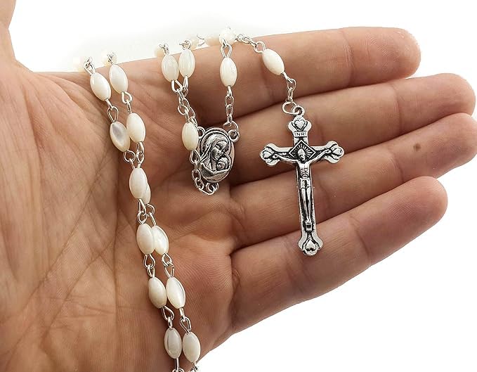 Nazareth Store Natural Pearl Rosary Beads Catholic Necklace Jerusalem Holy Soil Meda and Silverl Cross - Image 5