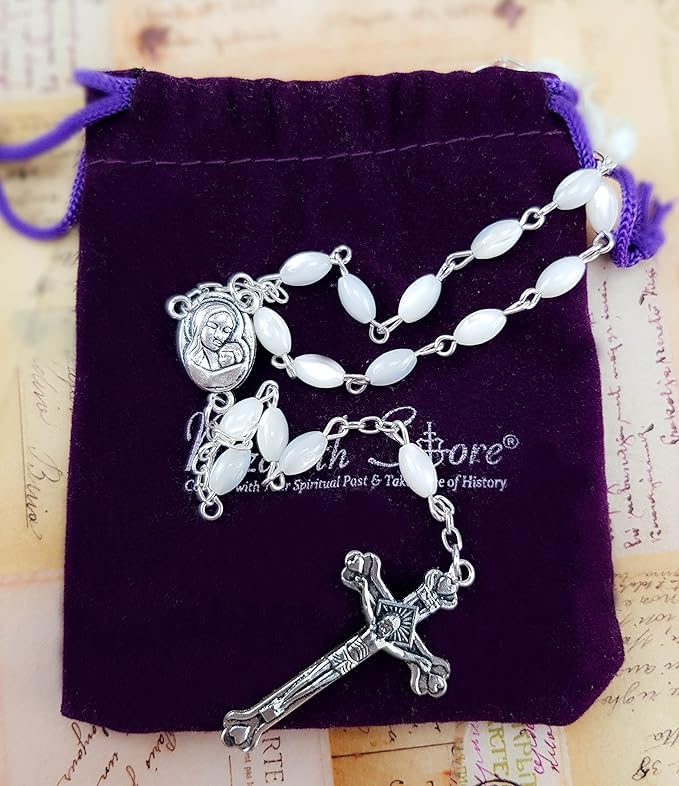 Nazareth Store Natural Pearl Rosary Beads Catholic Necklace Jerusalem Holy Soil Meda and Silverl Cross - Image 6