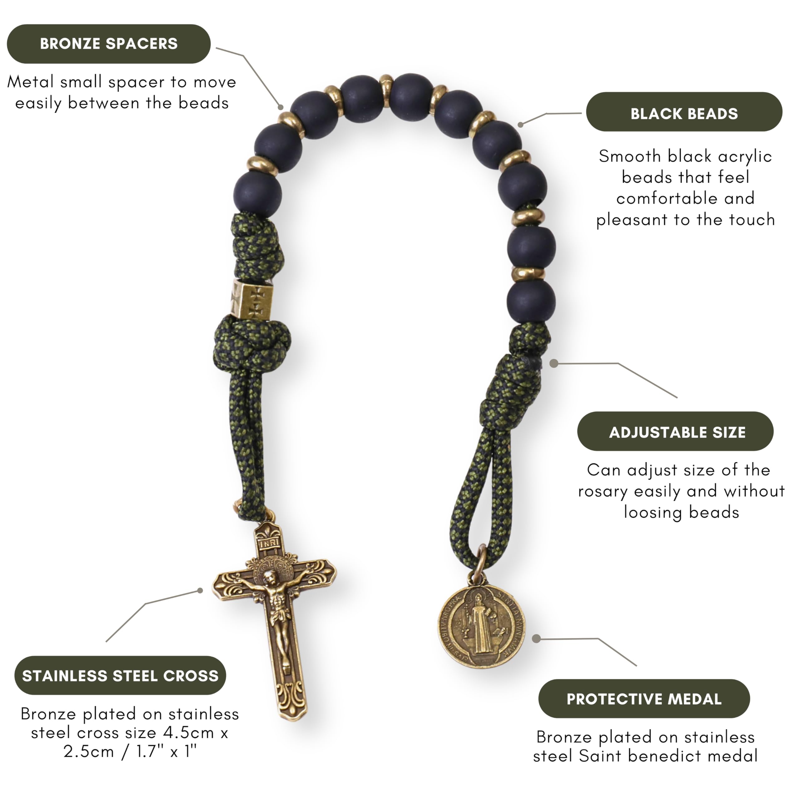 Nazareth Store NEW Antique Bronze One Decade Rosary Black Matte Beads Green Paracord Rosary Bracelet Handmade Catholic Travel Friendly Prayer - Image 3