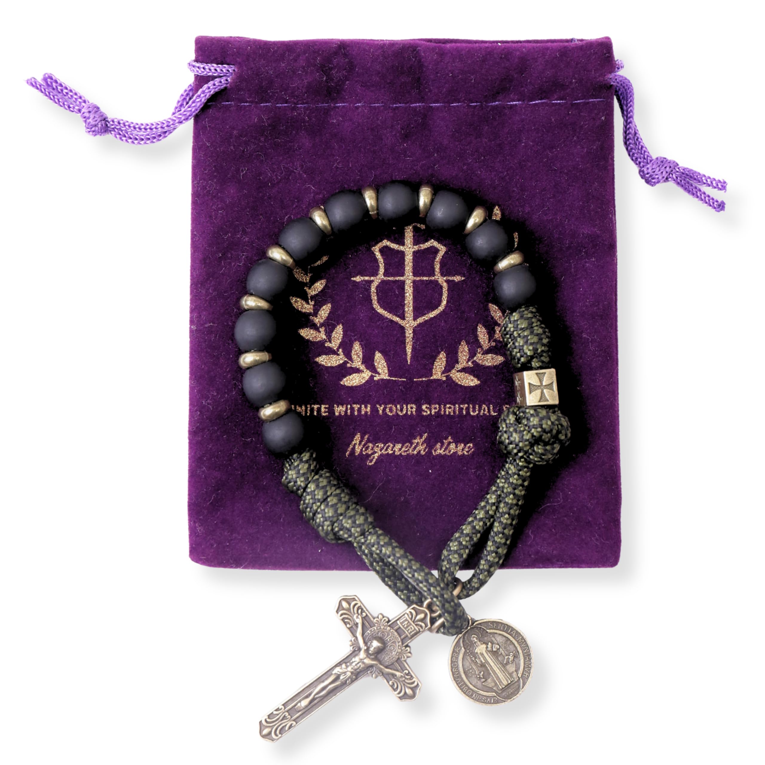 Nazareth Store NEW Antique Bronze One Decade Rosary Black Matte Beads Green Paracord Rosary Bracelet Handmade Catholic Travel Friendly Prayer - Image 5